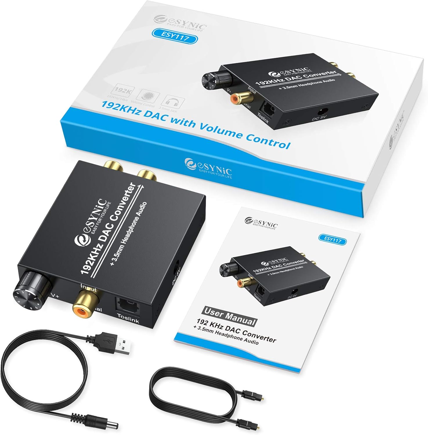 Exсluѕіvе eSynic 192kHz DAC Converter Digital to Analog Converter Volume Control Digital Optical Coaxial Toslink to Analog Stereo L/R RCA 3.5mm Jack Audio Adapter for HD DVD Blu-ray PS3 PS4 TV Amps Cinema