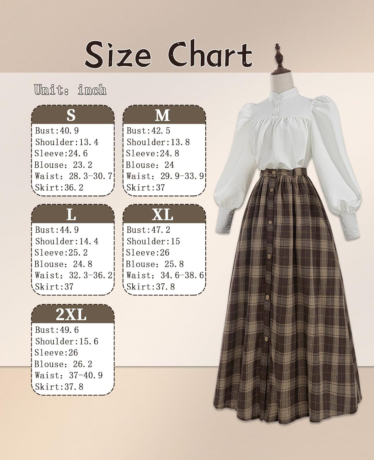 NSPSTT Victorian Dress for Women 2-Pieces Edwardian Dress 1800s Costume Plaid Maxi Skirt