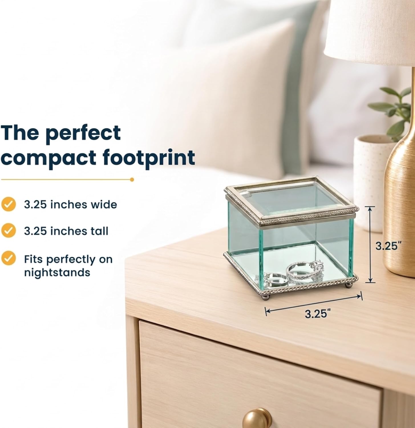 Creative Gifts International Lead-Free Glass Hinged Jewelry Box | Mirrored Base with Nickel Plated Trim | 3.25" x 3.25" Keepsake Box | Elegant Gift Ready Storage image 3