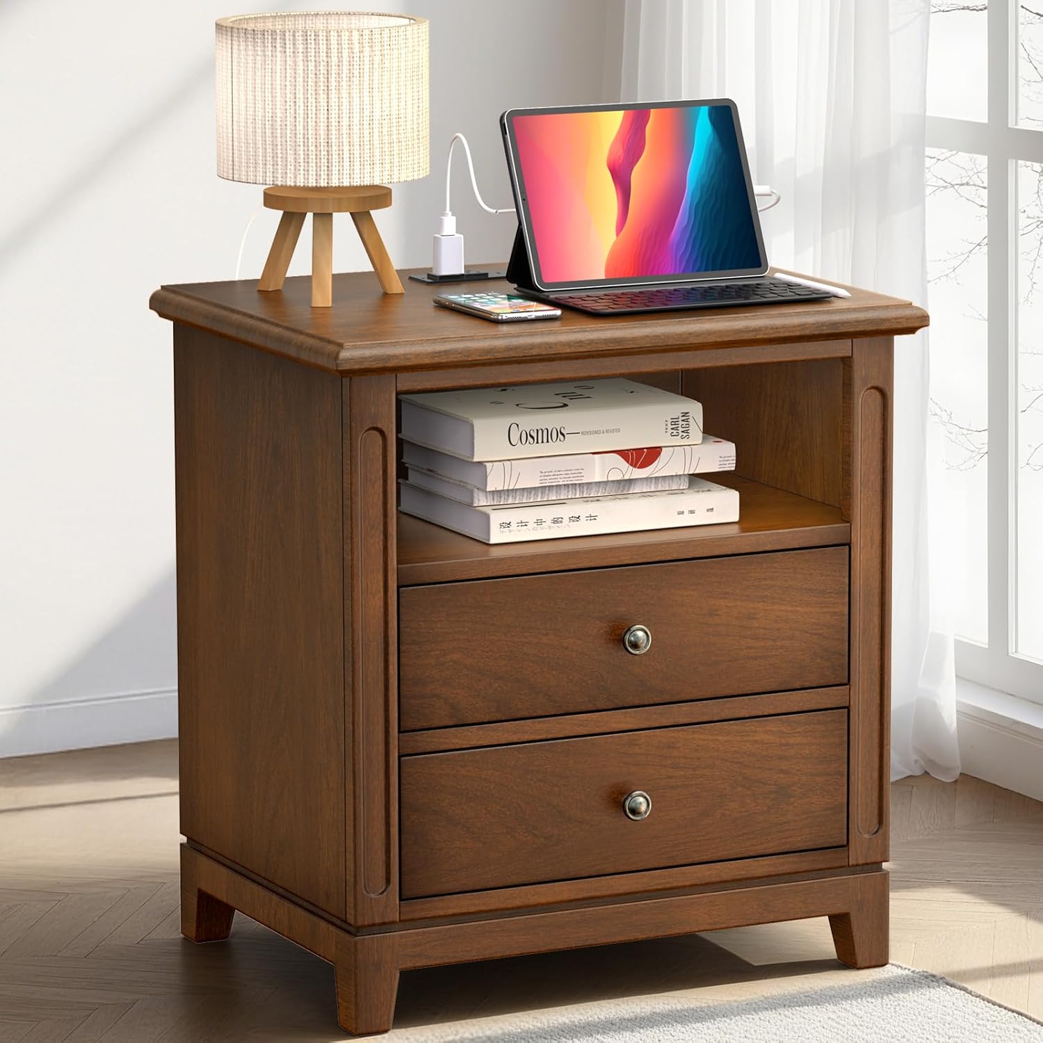 Farmhouse Nightstand with Charging Station, Solid Wood End Table with 2 Large Drawers & Open Shelf, Bedside Table with USB Ports and Outlets, Rustic Wood for Bedroom