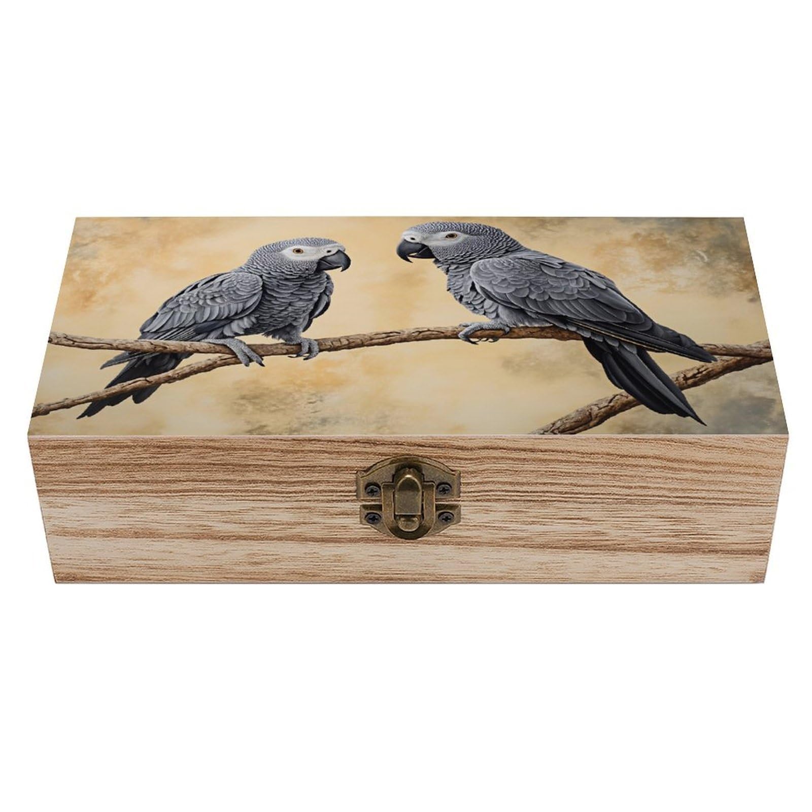HLBSDM Grey Parrots Perched On Branch Vintage Wooden Keepsake Box with Hinged Lid And Locking Clasp, Decorative Storage Box for Jewelry, Trinkets And Small Accessories, Organizer for Home Or Wedding