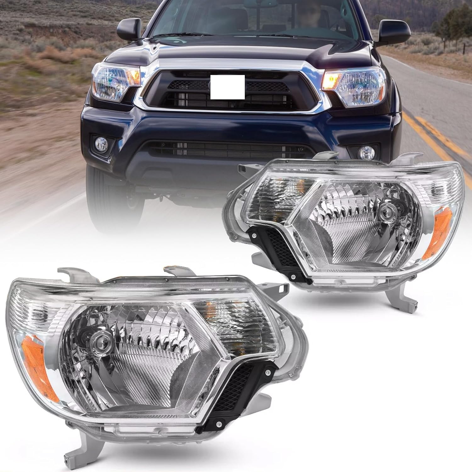 2012 2013 2014 2015 Tacoma Headlights,Headlight Assembly Fit for Toyota Tacoma 2012-2015,Halogen Headlamp Replacement Driver Passenger Side Chrome Housing Amber Reflector Clear Lens