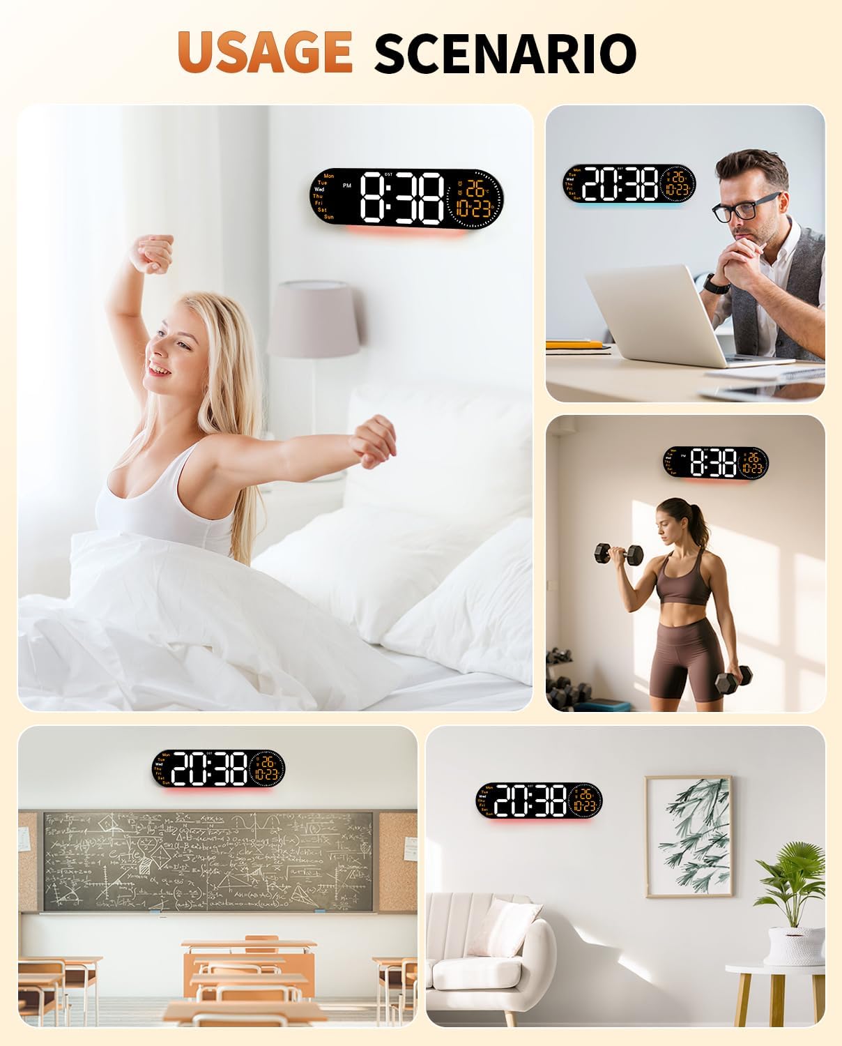 17.2 Inch Large Digital Wall Clock with 9 Color Changing Remote Control, Date Week Temperature, Auto Brightness Dimmer Clock Night Lights,Orange