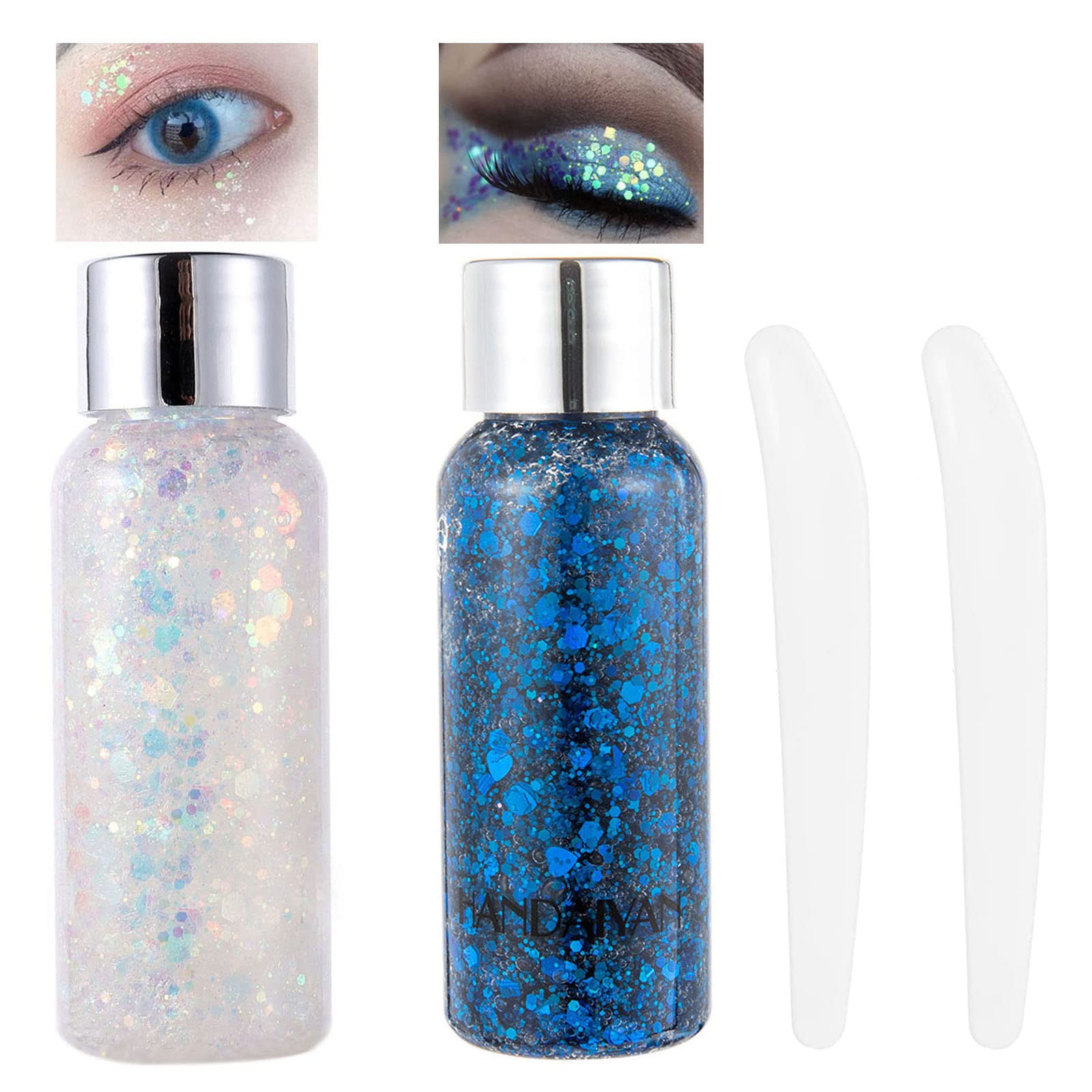 Gel Para el Cuerpo Lentejuelas de Sirena con Purpurina LíQuida Para Cuerpo Cara Pelo y UñAs Para Fiesta de Disfraces Fiesta Festiva Halloween Navidad (Incluyendo una Cuchara) Blanco+Azul