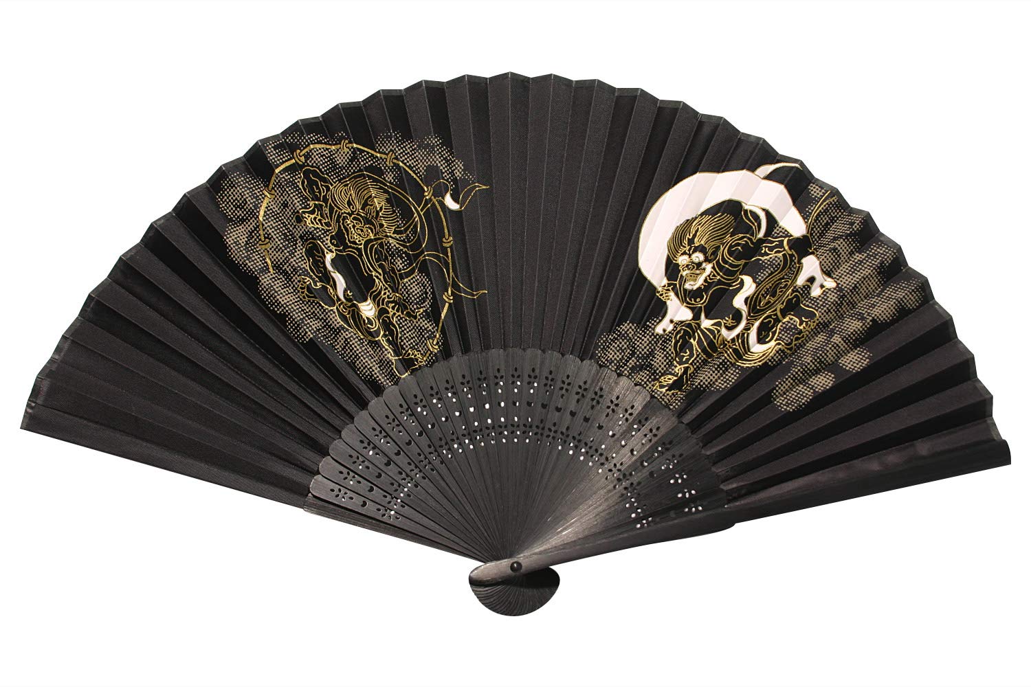 Japanese Cloth Folding Fan Fujin Raijin Wind Thunder God Black Kyoto Japan