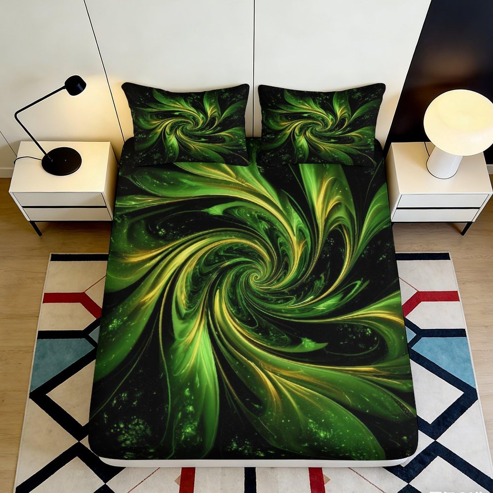 Dhbaneiok Style-10 3D Printed Green Swirl Fitted Sheet Microfiber Soft Black Abstract Bed Cover For Bedroom Guest Room Dorm Mattress Protection 90X200x25cm