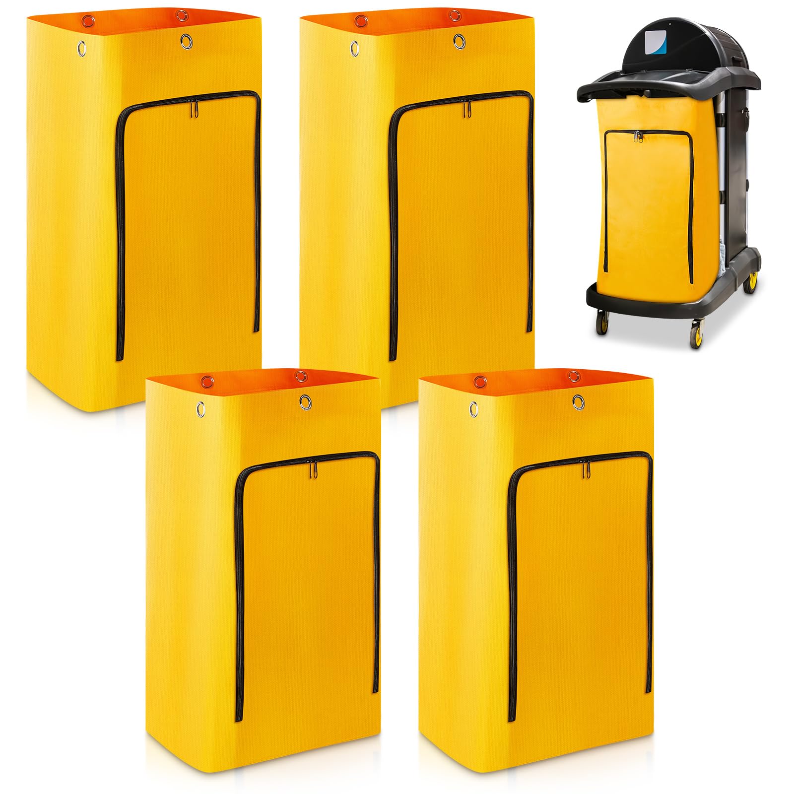 Meanplan 4 Pack Cleaning Cart Bag Zippered Front Replacement Janitorial Cart Thick Bag Large Capacity Commercial Cleaning Bags for Housekeeping Carts, Yellow (26.5 x 15.5 x 10.5 Inch)
