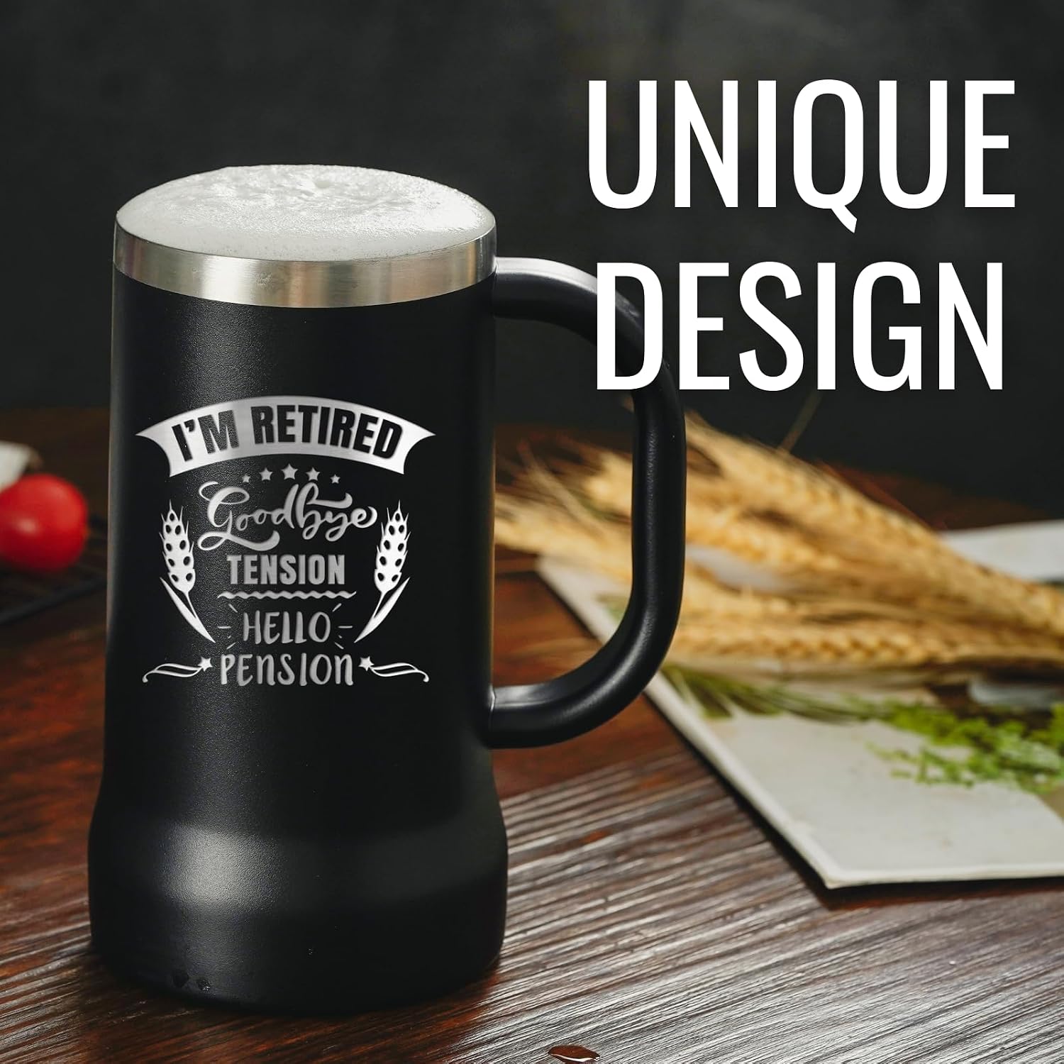 Onebttl Retirement Gifts for Men, Retirement Beer Mug with Handle and Lid, 24oz Stainless Steel Stein Tumbler for Retired Men - Goodbye Tension