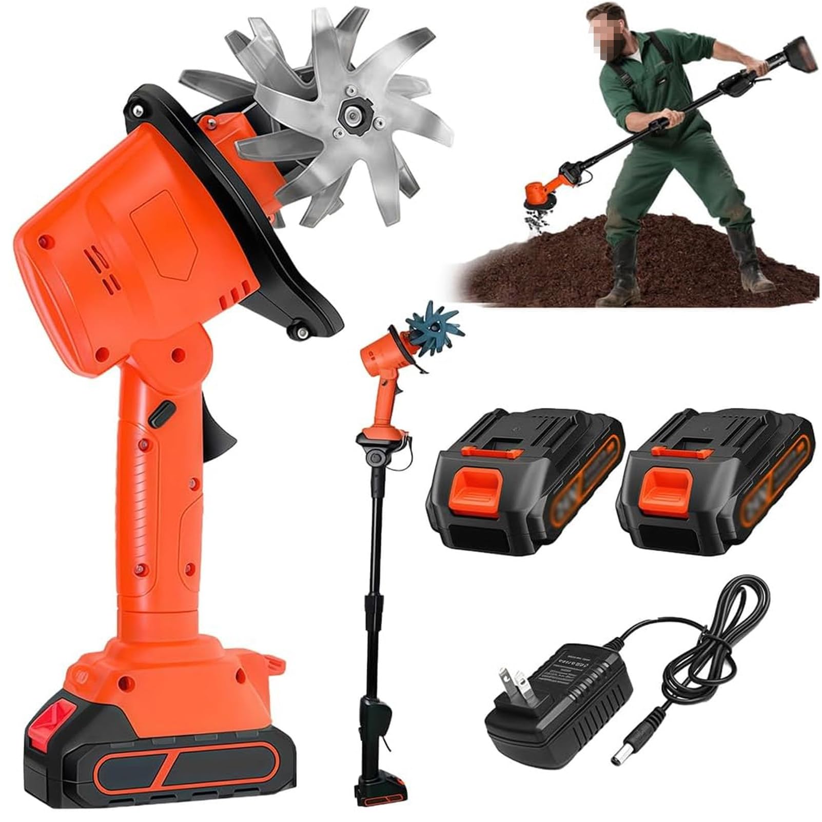 Pnpaea 21V Cordless Mini Tiller Cultivator, 235 RPM Electric Garden Rotavator with 2 Battery,Hand-Held Micro Tiller Weeding Machine, for Gardening, Lawn, Greenhouse Orange-red-withPole