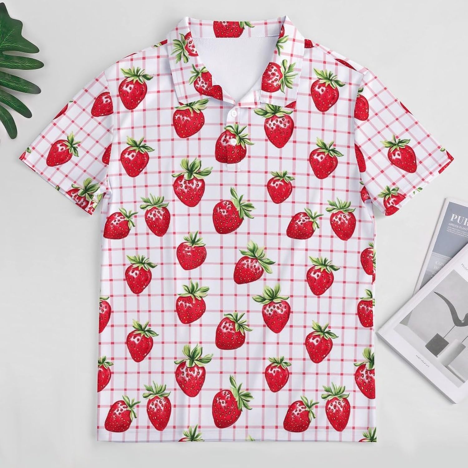Gingham Pattern Strawberry Women's Golf Polo Shirts Short Sleeve Quick Dry Tennis Tops Casual Work Blouses