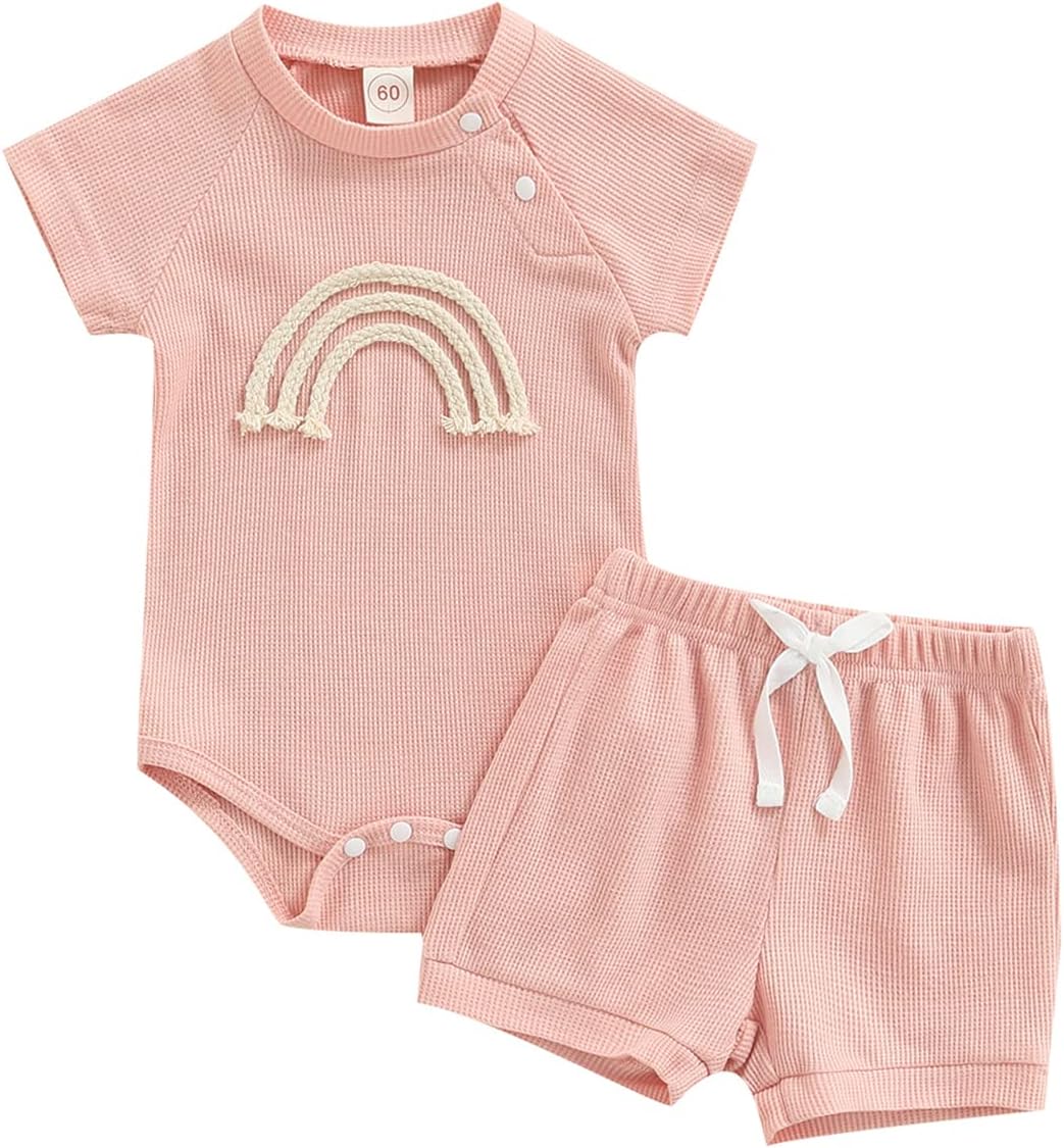 Thorn Tree Newborn Baby Girl Clothes Cotton Infant Romper Headband Shorts Play Wear Summer Rainbow Outfits