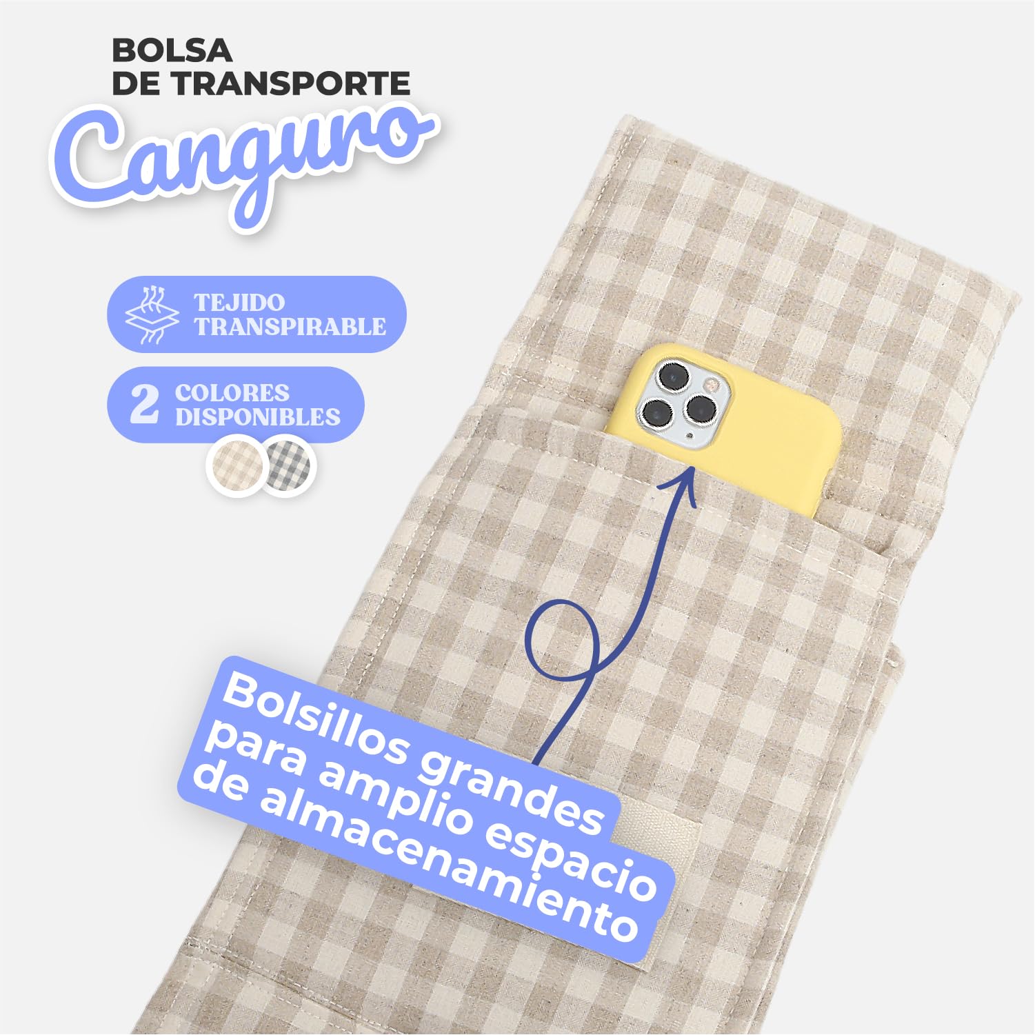 Its Dog & Kangachi - Bolsa Canguro Algodón para Perros Pequeños, Bandolera para Perro, Bolso Hombro, Acolchado de Hombro de 10 mm, Correa de Seguridad, Made in Korea, Beige Cuadros