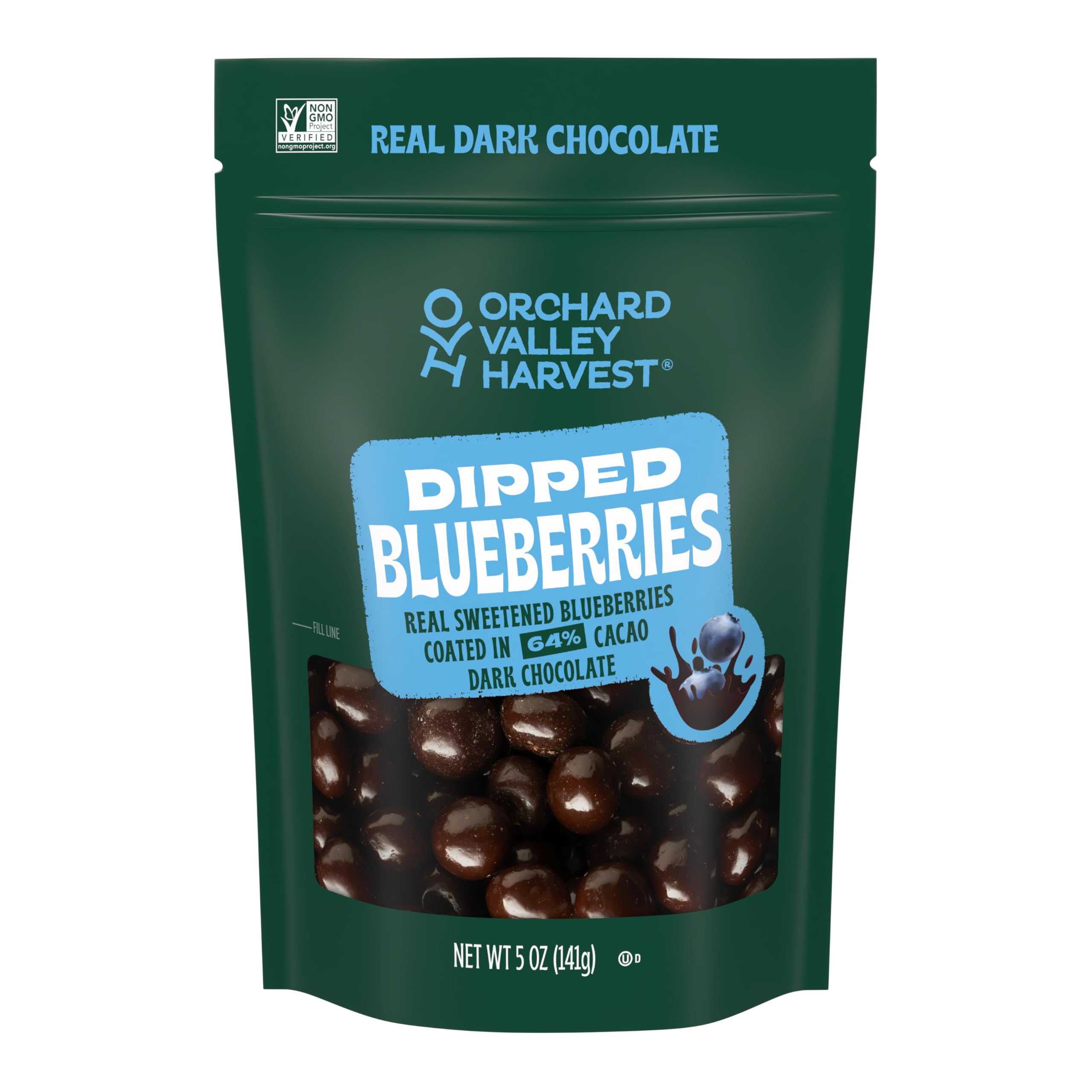Orchard Valley Harvest Dark Chocolate Dipped Blueberries 5 oz (Pack of 1), Made With Real Sweetened Blueberries, Gluten Free, Non-GMO, Stand Up Bag, On-The-Go Snack For The Whole Family