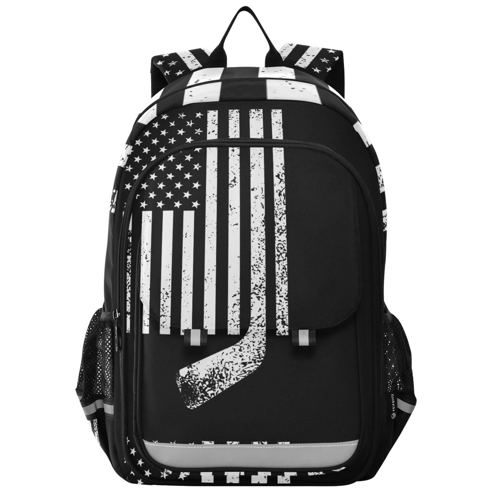 Jucciaco American Flag with Hockey School Backpack Laptop Travel Daypack for Kids Girls Boys, Personalized Computer Notebooks Bookbag with Adjustable