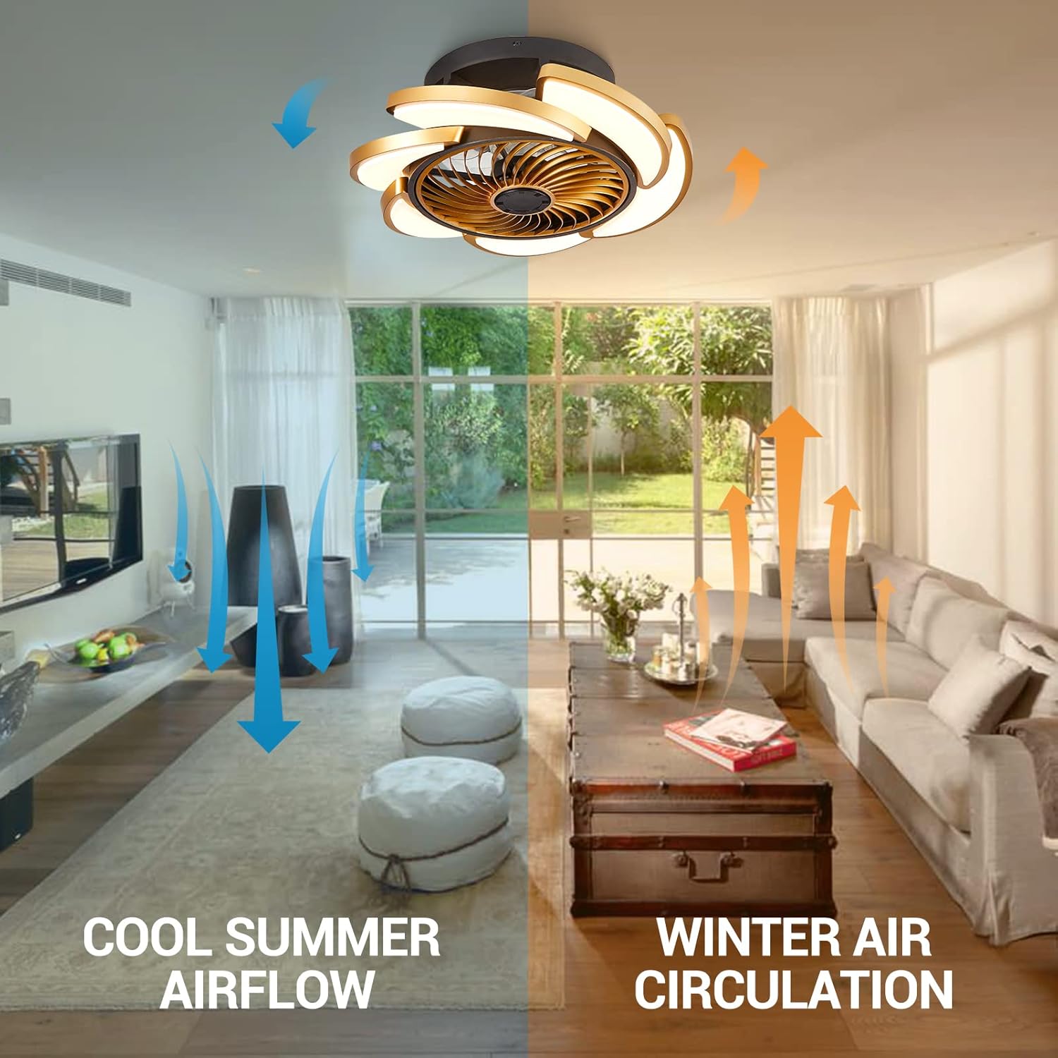 Ceiling Fan with Lights Remote Control, 18"Flush Mount Low Profile Fan, Modern Smart Ceiling Fan with Dimmable LED Night Light &6 Speeds Reversible Blades Timing, Gold Fan for Bedroom,Living Room : Tools & Home Improvement