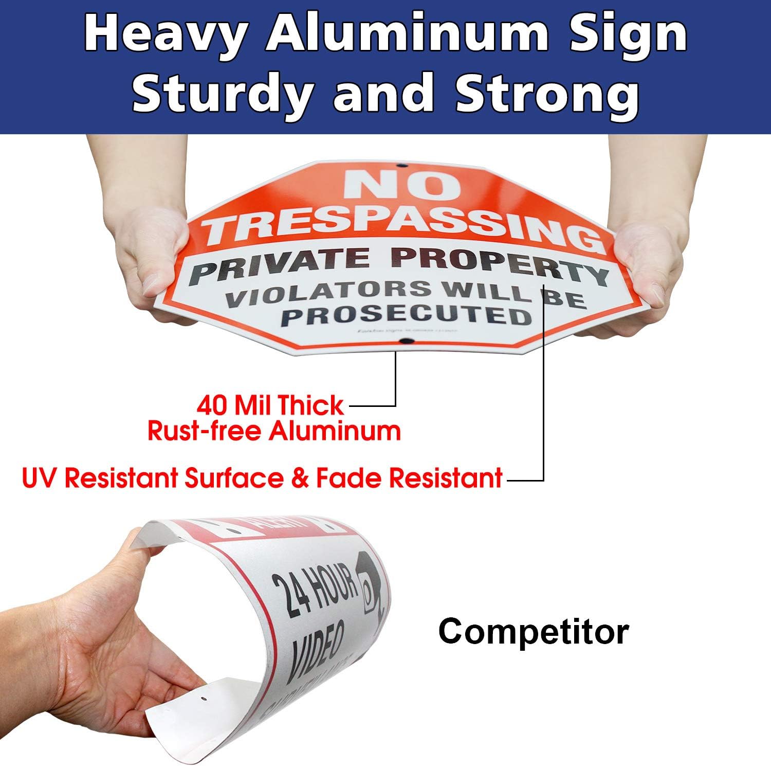 Faittoo 4 Pack 12 x 12 Inches Octagon Heavy Duty Aluminum No Trespassing Signs, Private Property Violators Will Be Prosecuted, Red, Reflective, Easy to Mount, Weather Resistant