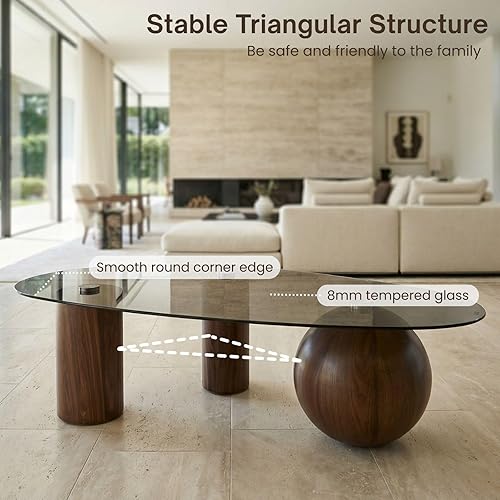 Miniatura 9 de Mesa de centro de cristal moderna de 55 pulgadas para sala de estar, mesa de centro grande con parte superior de vidrio templado ovalada gris, patas