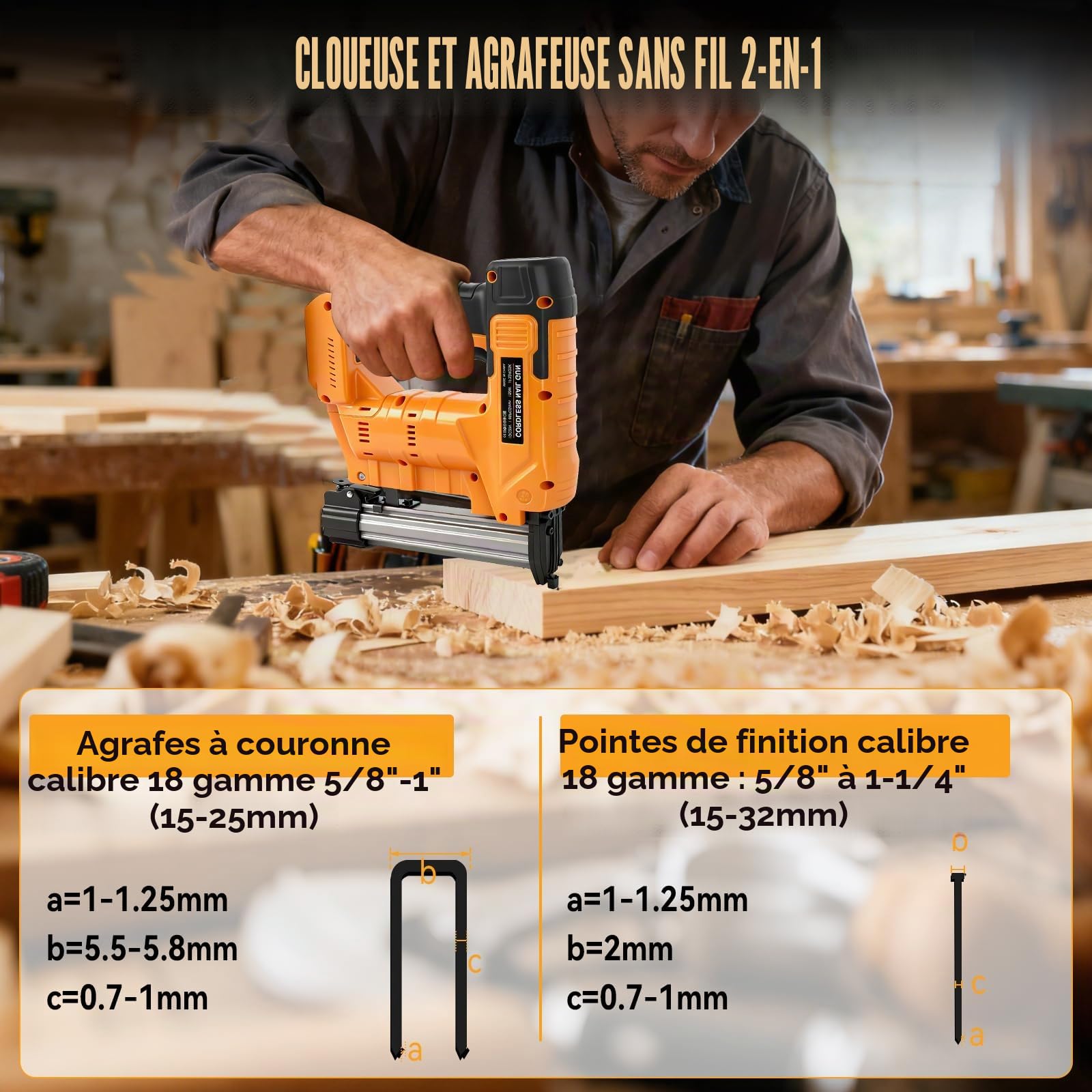 Cloueuse sans fil 18GA Compatible avec Dewalt batterie 18 V (sans batterie), 2 en 1 pistolet agrafeur cloueuse avec 1 000 clous et 1 000 agrafes pour le travail du bois, projet de bricolage