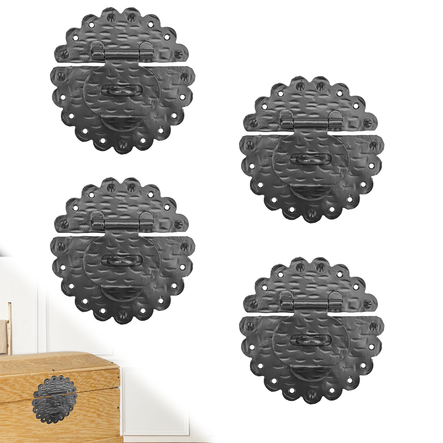 4 Pack 6 Inch Furniture Hasp for Gates - Black - Heavy Duty Decorative Metal Hasps - Handmade Rustic Iron Furniture Hasps for Door, Drawer, Chests, Cupboard and Trunks - The Hacienda Series