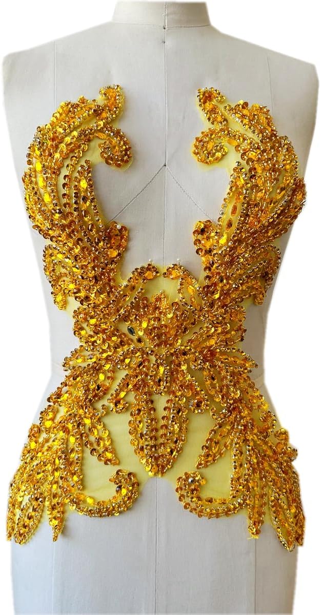 Pure Handmade Rhinestones lace Applique Accessories handsewing Beads Stones Trim Patches for Girl Wedding Dress (Gold)