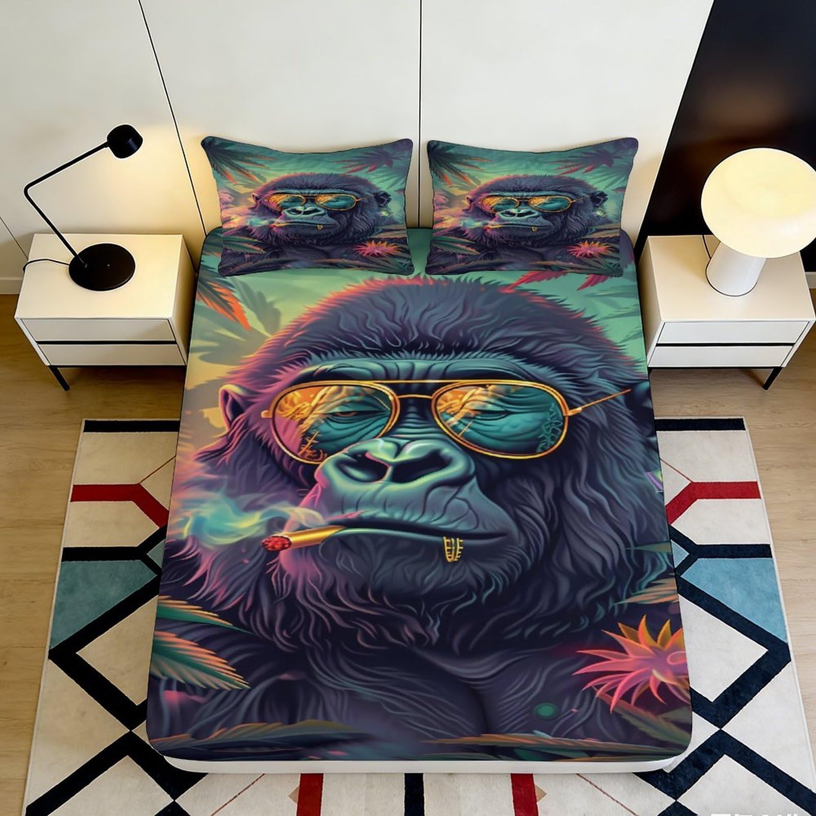 3D Printed Cool Gorilla Fitted Sheet Microfiber Soft Breathable Neon Sunglasses Bed Cover for Bedroom Dorm Decor 90x200x25cm