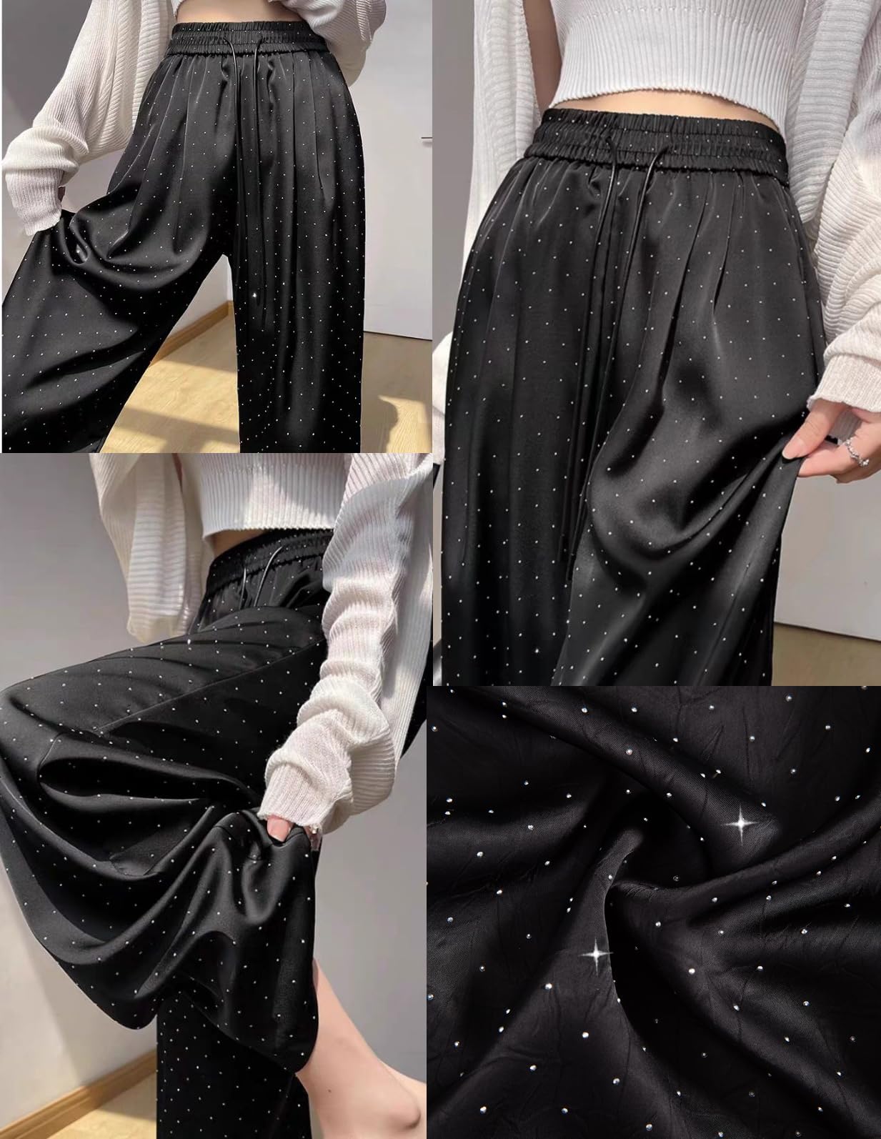 Pantalon soyeux en satin avec strass et paillettes - Taille haute - Jambe large - Brillant - Pour fête, travail, boîte de nuit