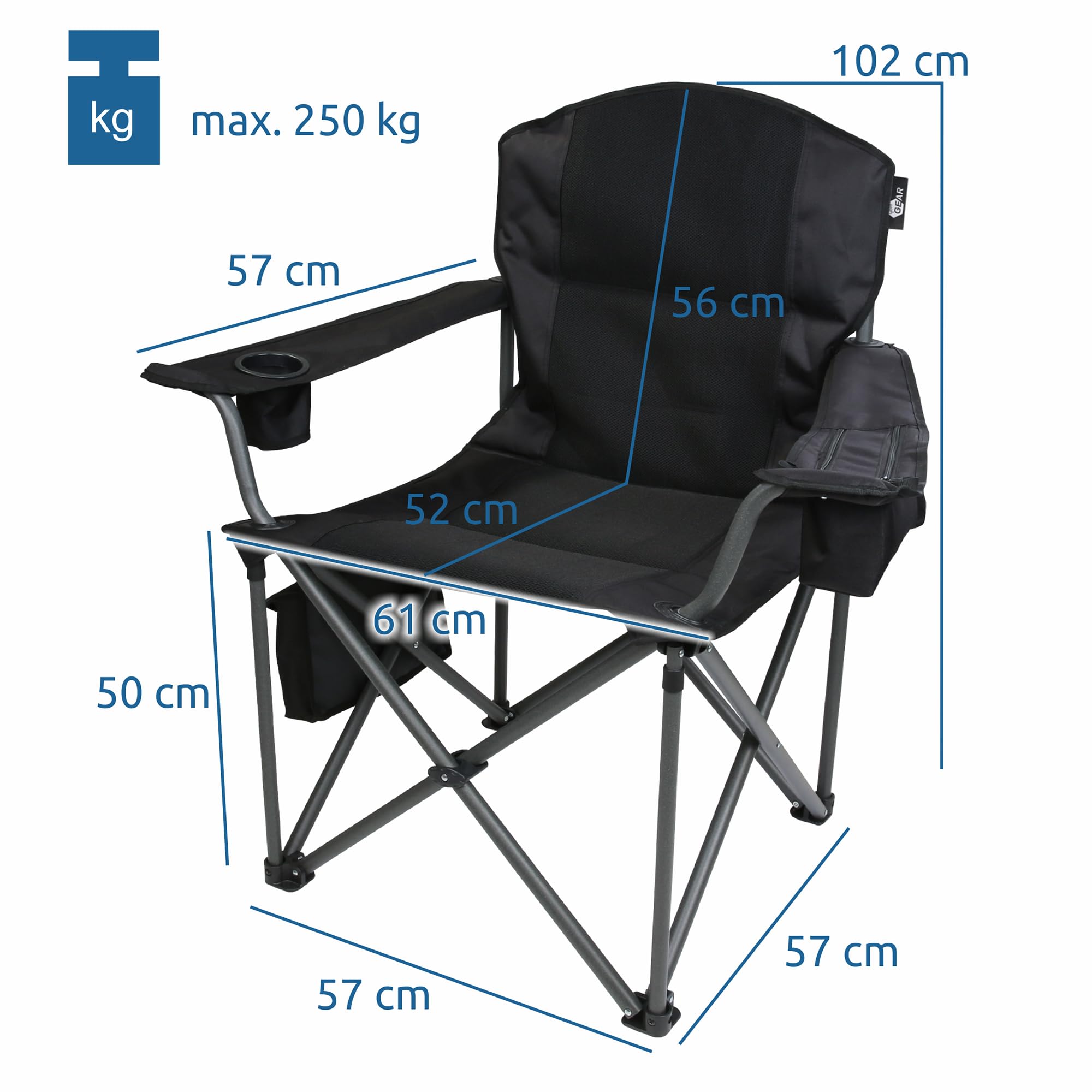 your GEAR Fano Bijzonder stabiele 3D-gestoffeerde klapstoel TÜV-gecertificeerd: belastbaar tot 250 kg, veel opbergvakken