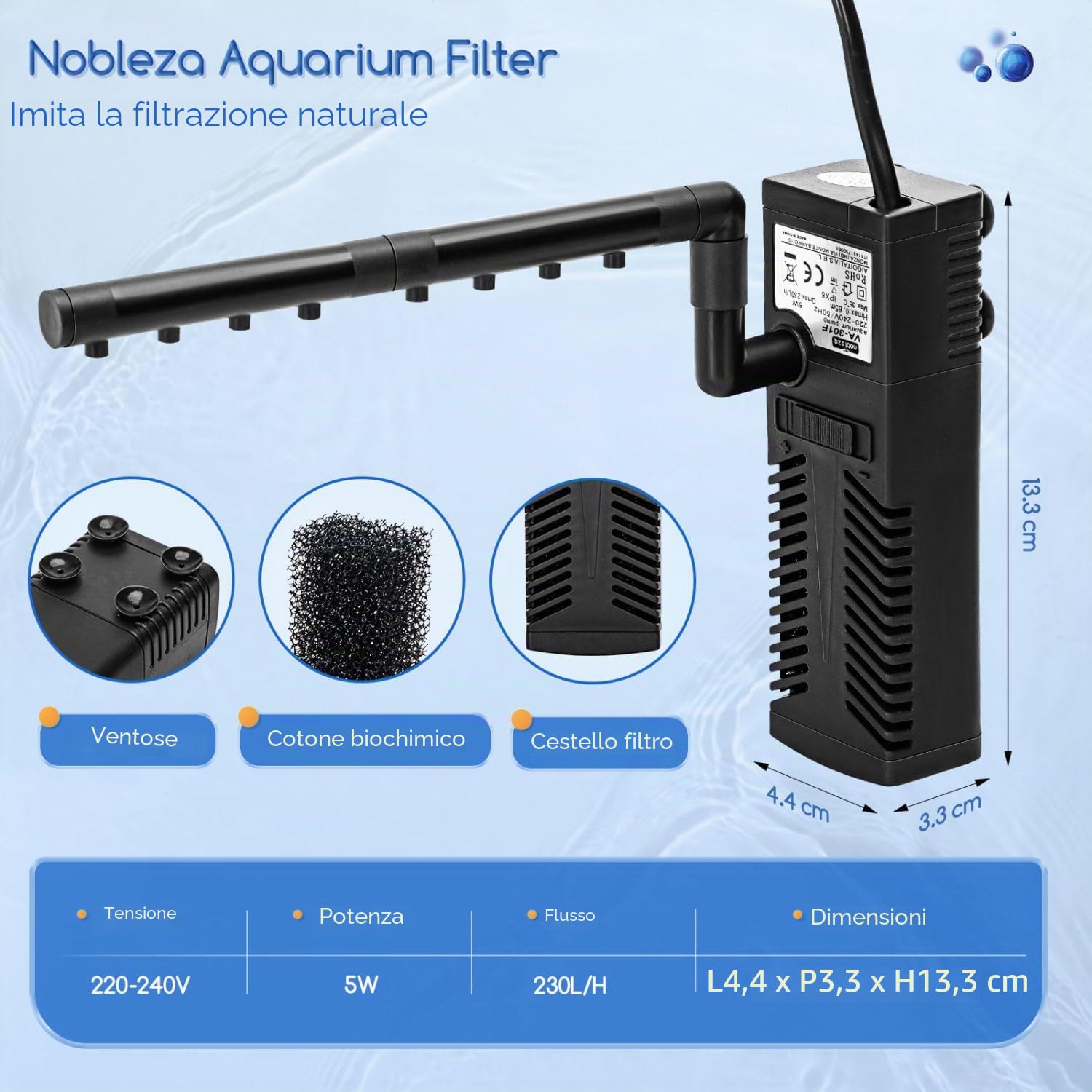 Nobleza - Filtro per Acquario 5W, 230L/H Filtro Interno per Acquario Silenzioso e Potente, Adatto per Acquario 20 a 50 Litri