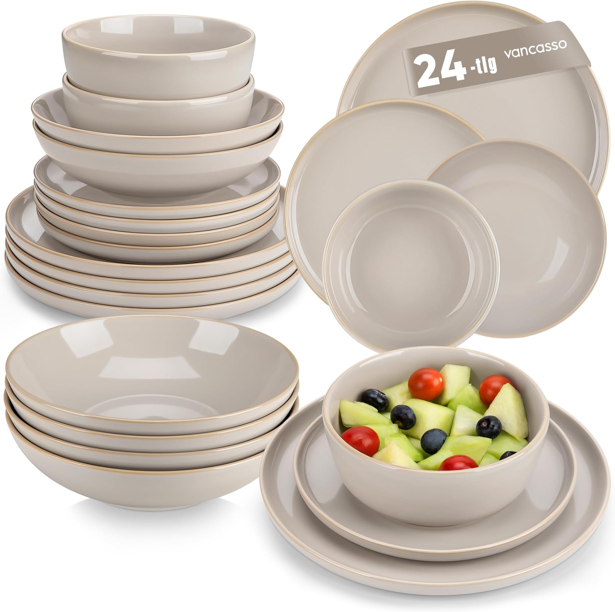 Playa Dinner Sets for 6 People, 24 Pieces Stoneware Plates and Bowls Set, Scratch Resistant Dinnerware Sets for Everyday Dining, Dishwasher and Microwave Safe, Grey