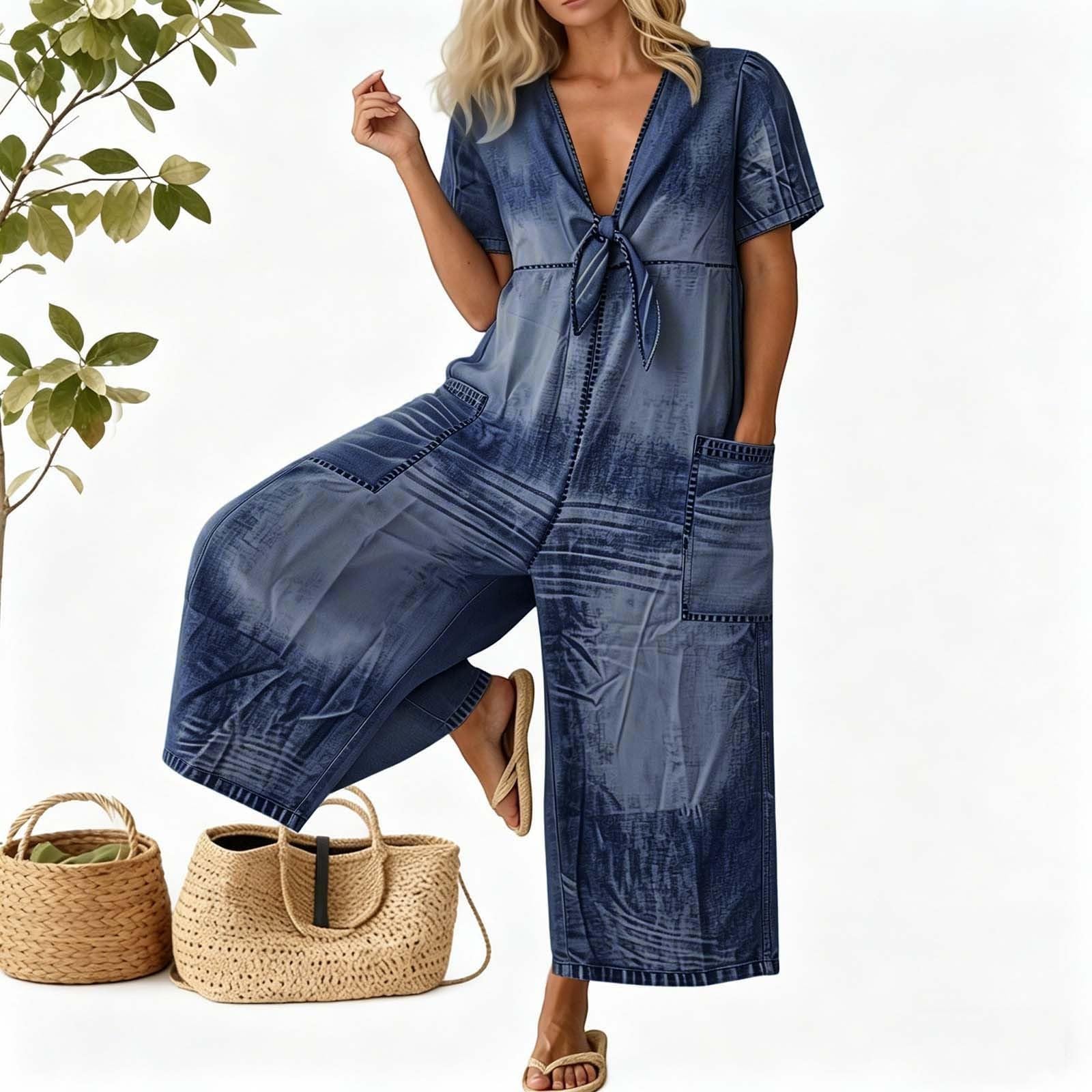 Generisch Jeans Jumpsuit Damen Sommer Kurzarm mit Puffärmeln, V-Ausschnitt, Bindeband vorne, weitem Bein, mit Multi Taschen, für Sommer, Freizeit und Urlaub