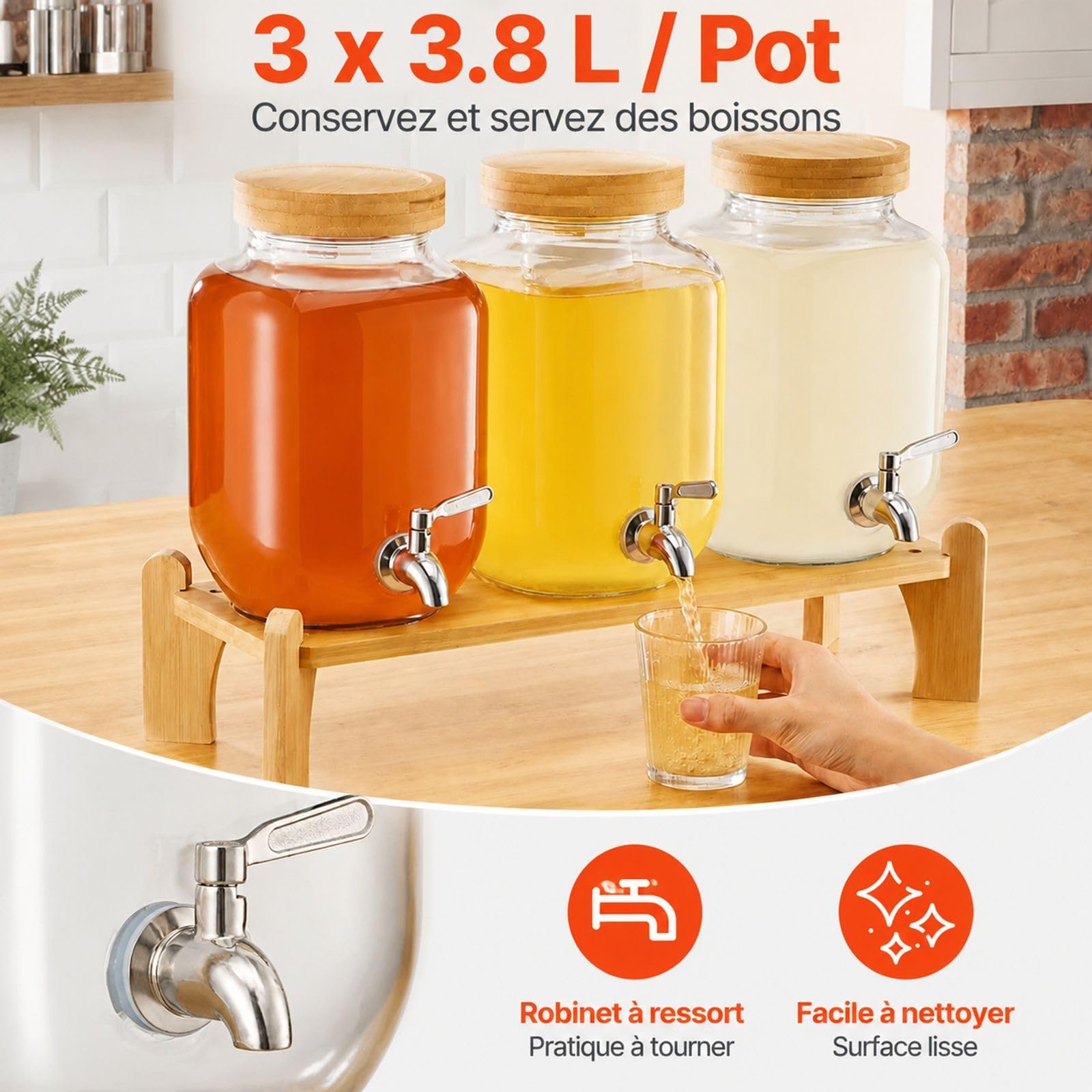 Getränkespender 3er Set aus Glas mit Zapfhähnen und Ständer für Saft Kaffee Partys und Bars