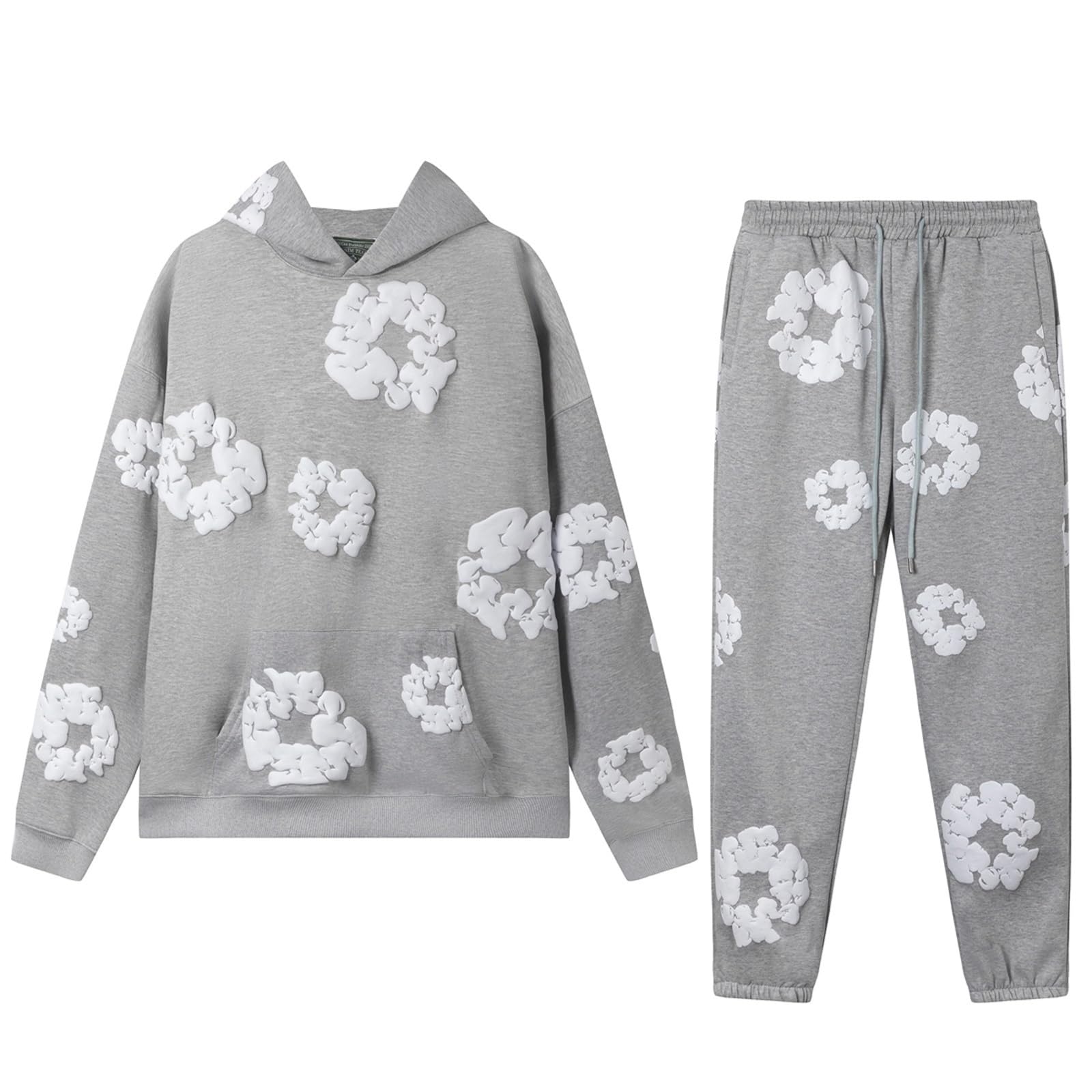 Denim Tears Men's Tracksuit, Fleece Hoodie and Pants with Printed Foam Unisex, 2 Piece Streetwear Sports Suit Set Autumn Winter(Gray,Small) S Grey