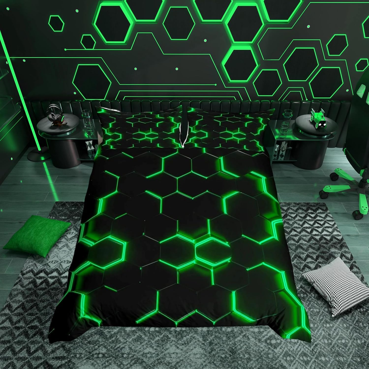 Loussiesd Honeycomb Bettwäsche Set 135x200cm Geometrie Hexagon Thema Bettbezug Set mit mit 1 Kissenbezug 80x80cm Schwarz Grünen Neon Lichtern Bettwäsche Jungen Jugendliche Modern Geometrische Muster
