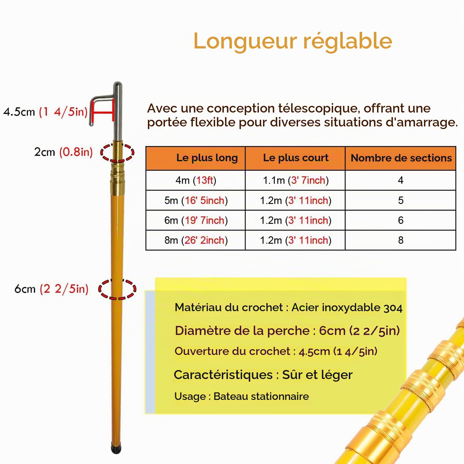 Gaffe Télescopique (4, 5, 6, 8 M), Crochet D'amarrage en Acier Inoxydable, Ouverture De 4,5 Cm, Pliable Et Facile À Ranger, pour Sauvetage, Poussée, Traction Et Navigation,L 6m (19' 7inch)