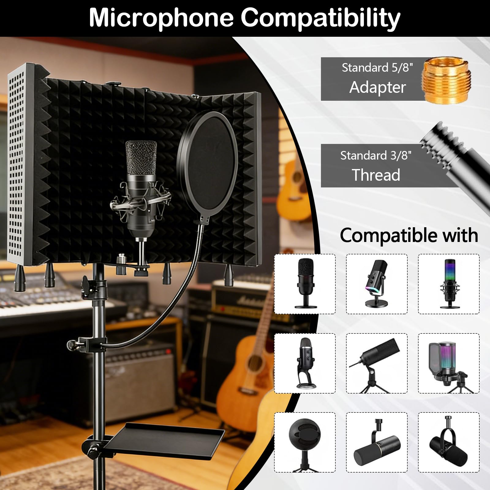 Mikrofon Schallschutz, 5 Panel Standmikrofon Akustikschaumstoff Windschutz mit 180CM Einstellbare Stativ Mikrofonständer für 3/8 '' bis 5/8 '' Mikrofon Adapter für Aufnahmegerät Aufnahmestudio