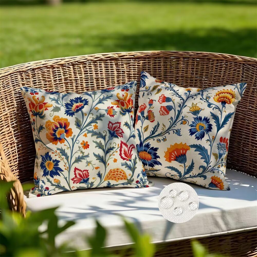 Outdoor Cushions Waterproof Floral Cushion Covers 35cm x 35cm Set of 2 Boho Garden Cushions Plants Cushion Cover Decorative Pillows Linen Throw Pillow Case for Couch Sofa Garden Furniture (IU239)