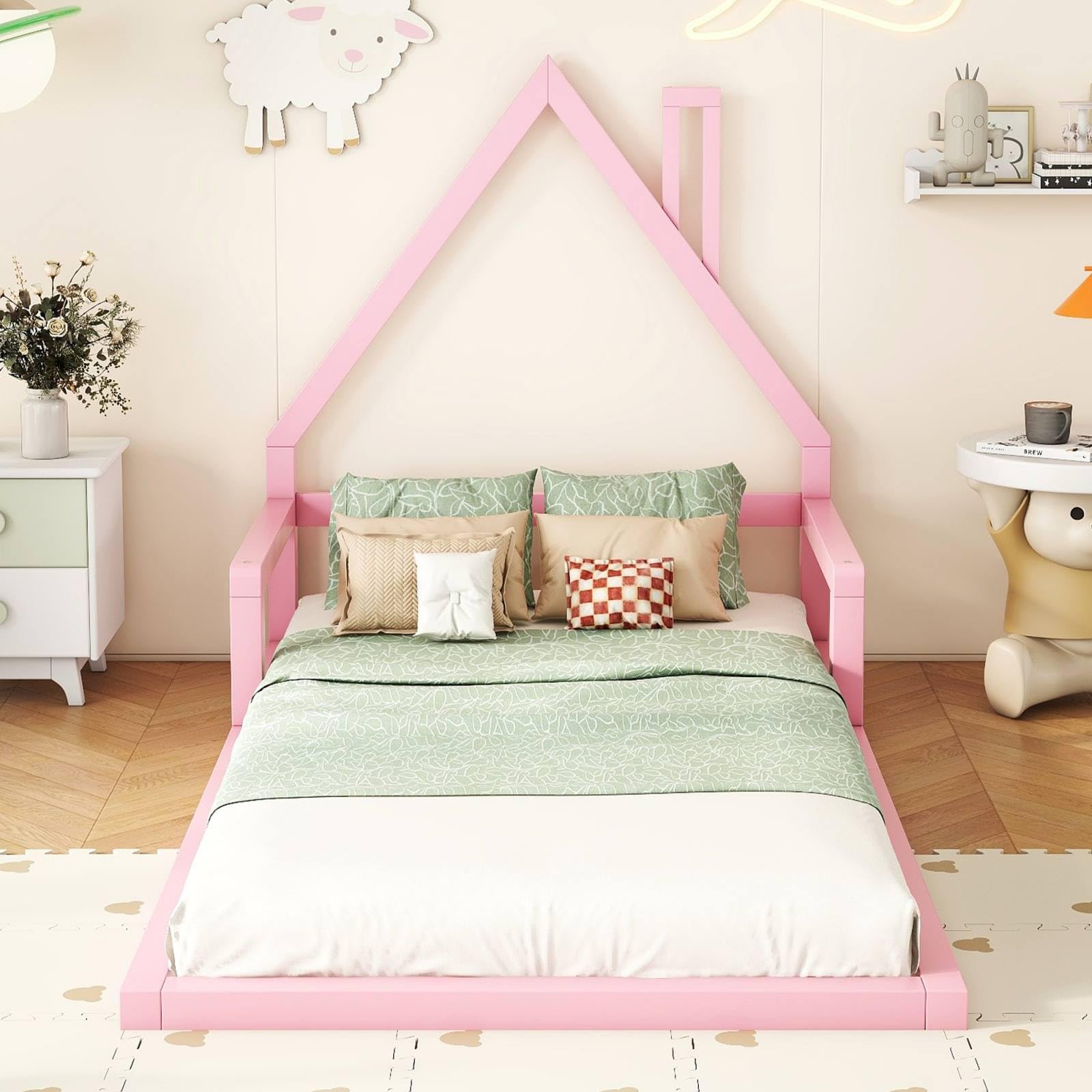 PUGSDRLY Lit Enfant 90x200cm, Lit Plaqué Pin Massif 1 Place, Forme Maison