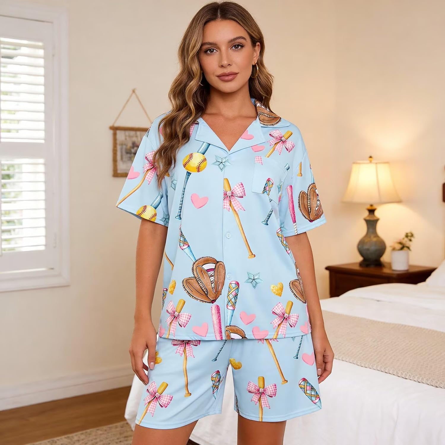Women's 2 Piece Pajama Set Button Down Short Sleeve Lapel Shirt and Shorts Cute Print Sleepwear Pjs Sets