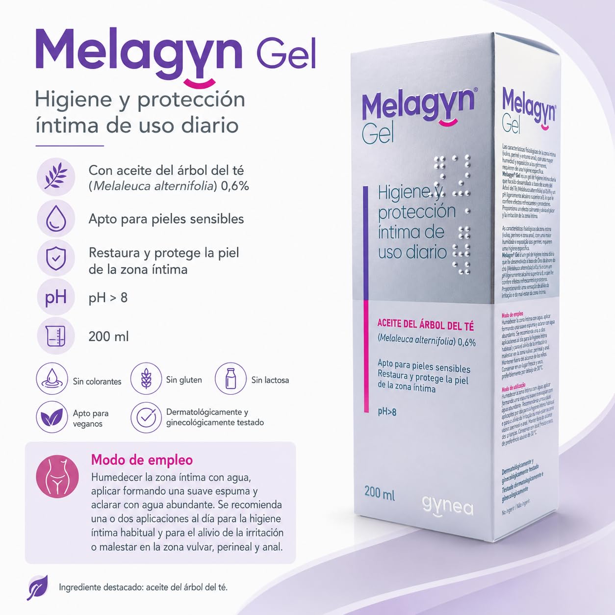Gynea Melagyn Gel Íntimo Calmante 200ml - Con Aceite de Árbol de Té - Para la Higiene y Protección Íntima Diaria