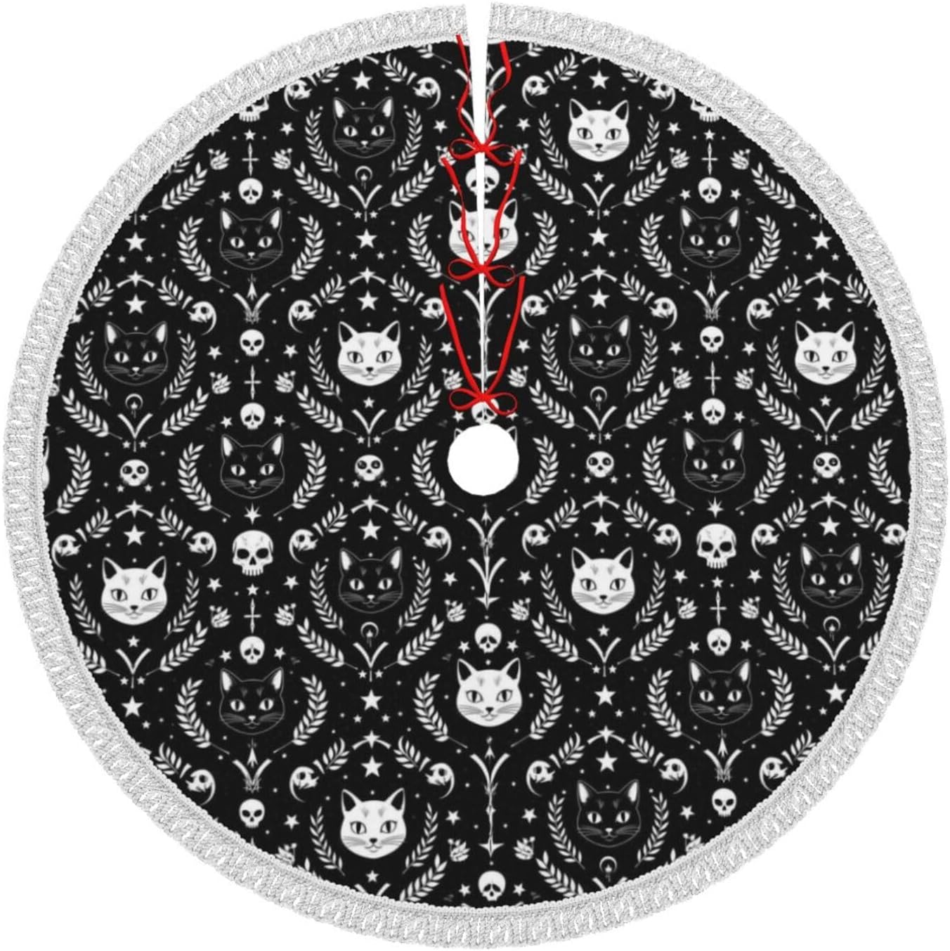 Tree Skirt with Tassel Decor for Halloween Thanksgiving Day Christmas Xmas Holiday Party Compatible with Black and White Goth Gothic Skull Moon Cat, 48 in