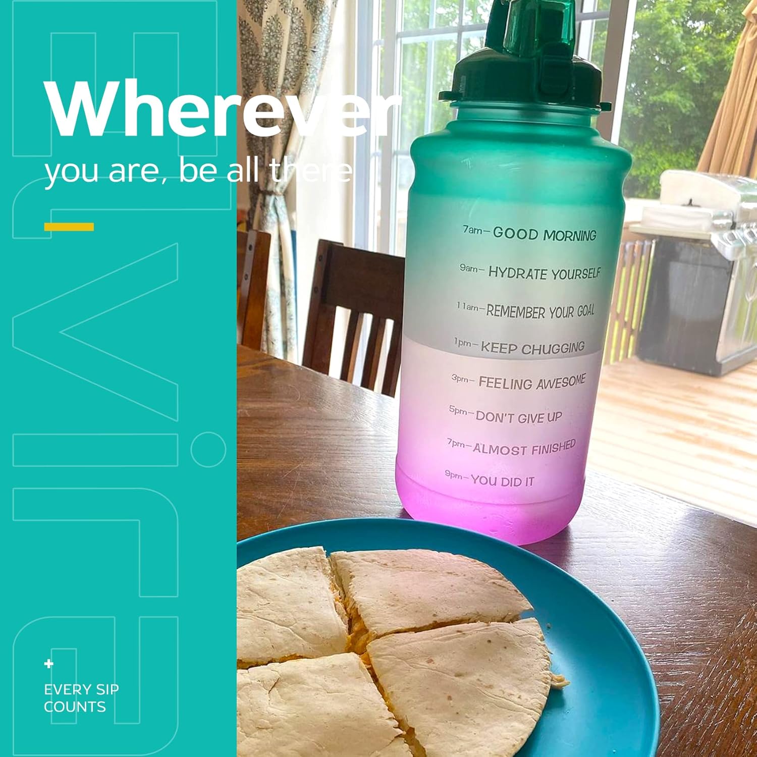 Elvira Large 1 Gallon/128 oz Motivational Time Marker Water Bottle with Straw & Protective Silicone Boot, BPA Free Anti-slip Leakproof for Fitness, Gym and Outdoor Sports-Green/Purple Gradient : Sports & Outdoors