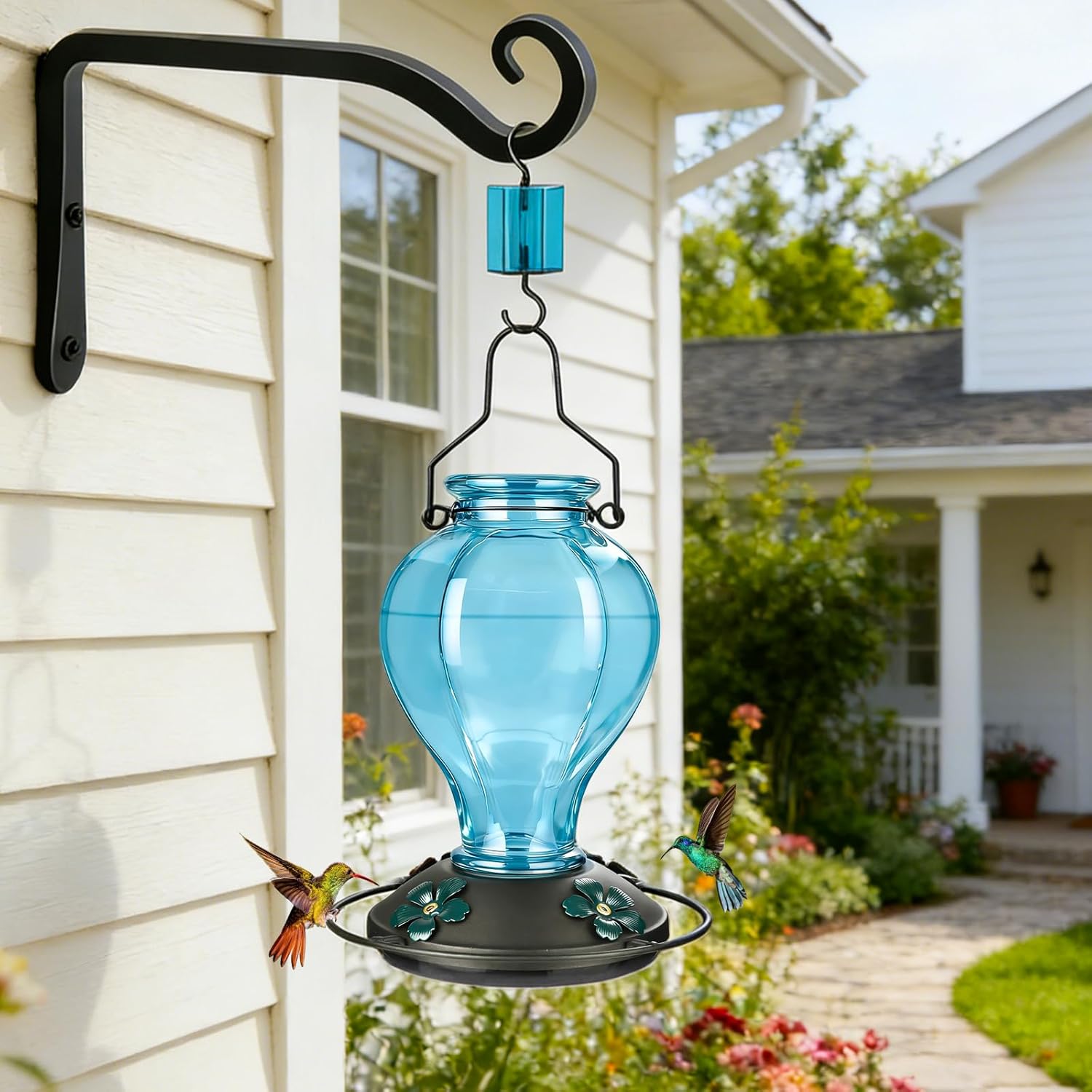 Glass Hummingbird Feeders for Outdoors Hanging, 24oz Wild Bird Nectar Feeder with Ant Moat and 360° Perch, Bee-Resistant Ports,Outside Garden Decor,Colorful Gifts for Women Mom, 1 Pack, Blue