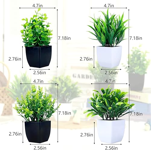 Miniatura 2 de summer flower Juego de 4 plantas falsas en maceta, mini plantas artificiales de eucalipto en maceta, pequeñas plantas de césped sintético en maceta