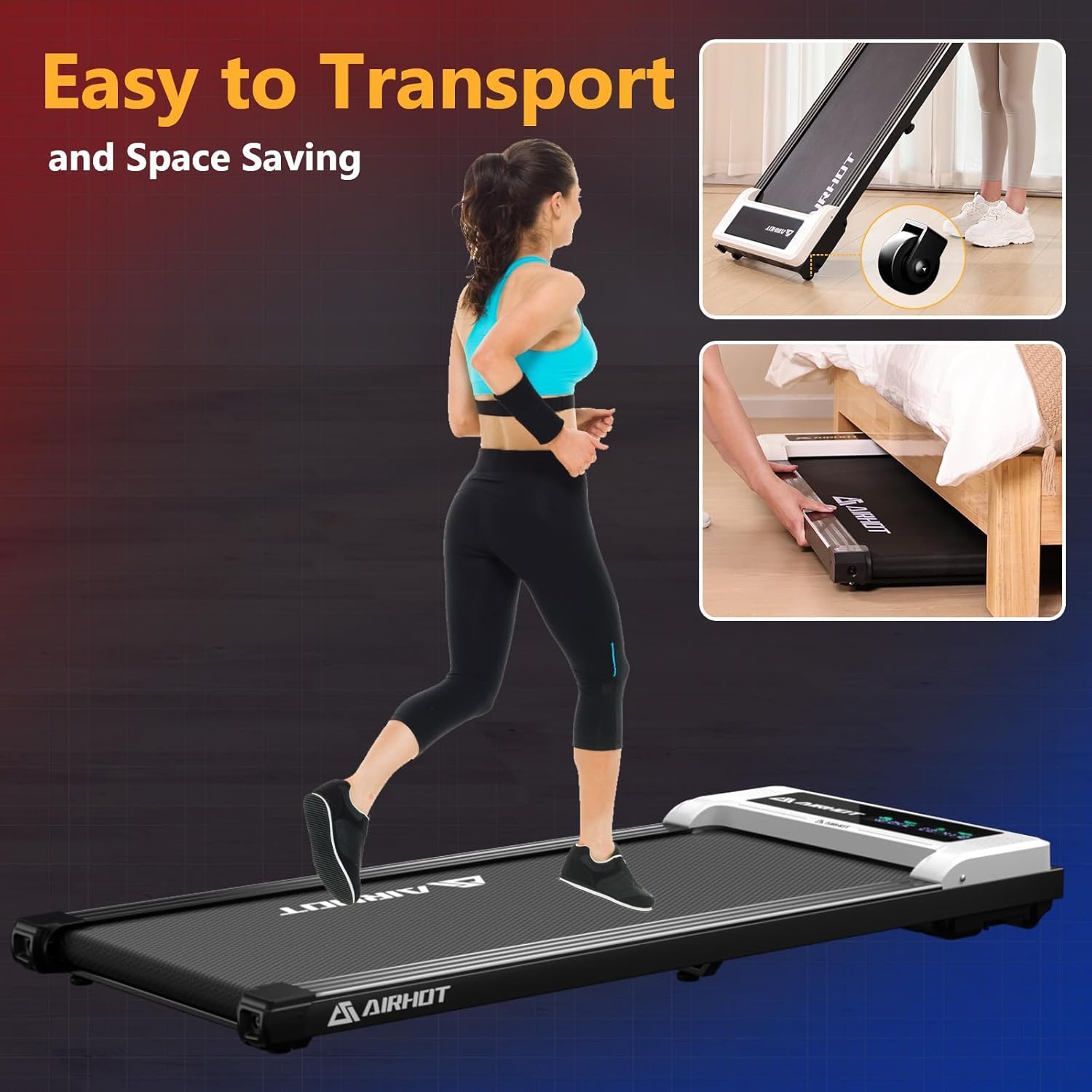 AIRHOT P2 Walking Pad Treadmill being transported and stored under a bed.