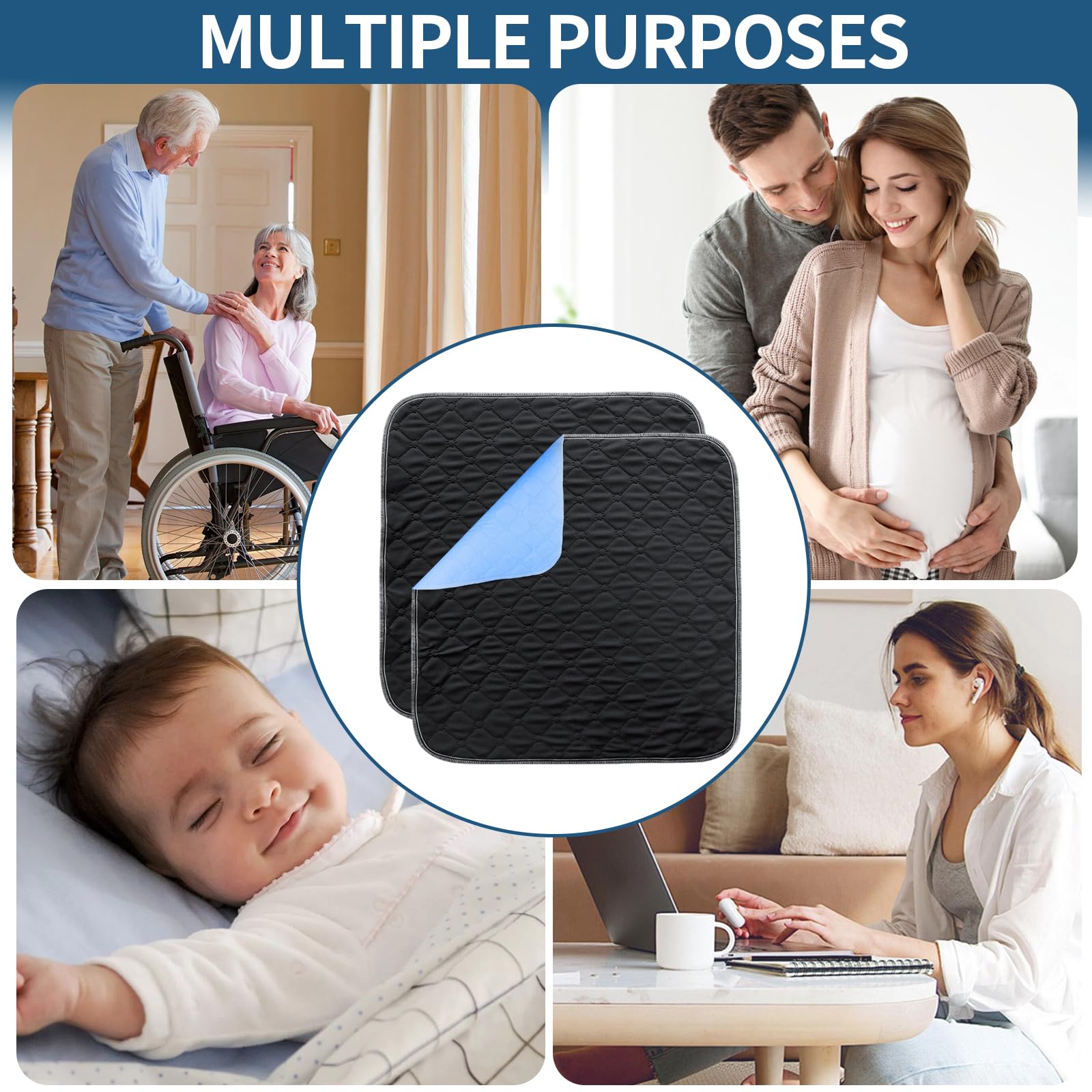 Lot de 4 Alèses Lavables Anti-fuites 50x50cm, Coussin Imperméable Haute Absorption pour Incontinence Protection Siège pour Fauteuil Roulant Chaise Canapé Auto (Noir)