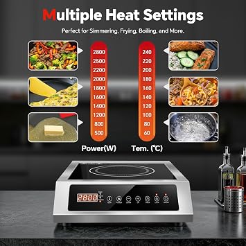 Single Induction Cooker 2800W, Portable Induction Hob, Commercial Induction Cooktop, Hot Plate with Stainless Steel Body, 50 kg Load Capacity, 10 Temperature & Power Levels, 4-Hour Timer
