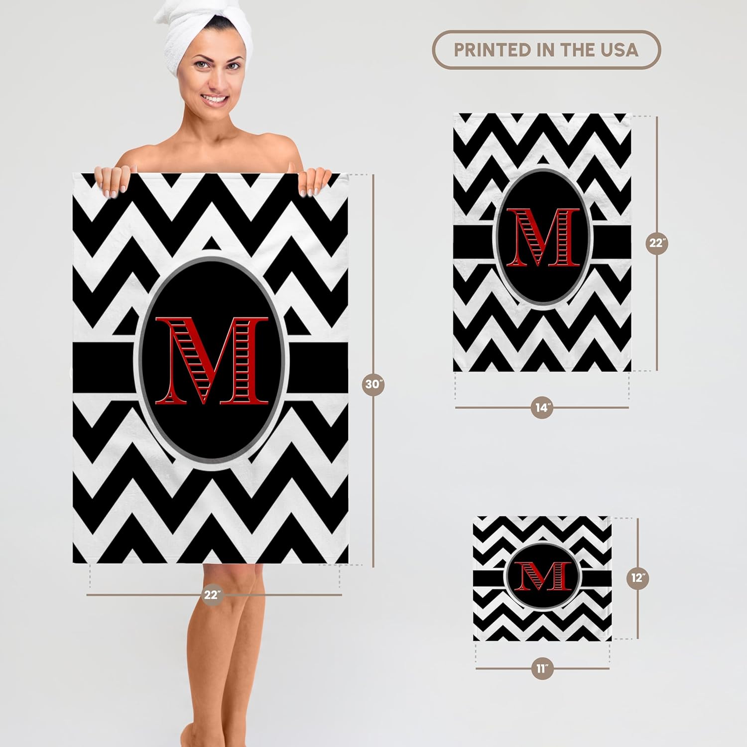 3dRose Black and White Chevron Monogram red Initial M 22x30 Bath Hand Pool Towel