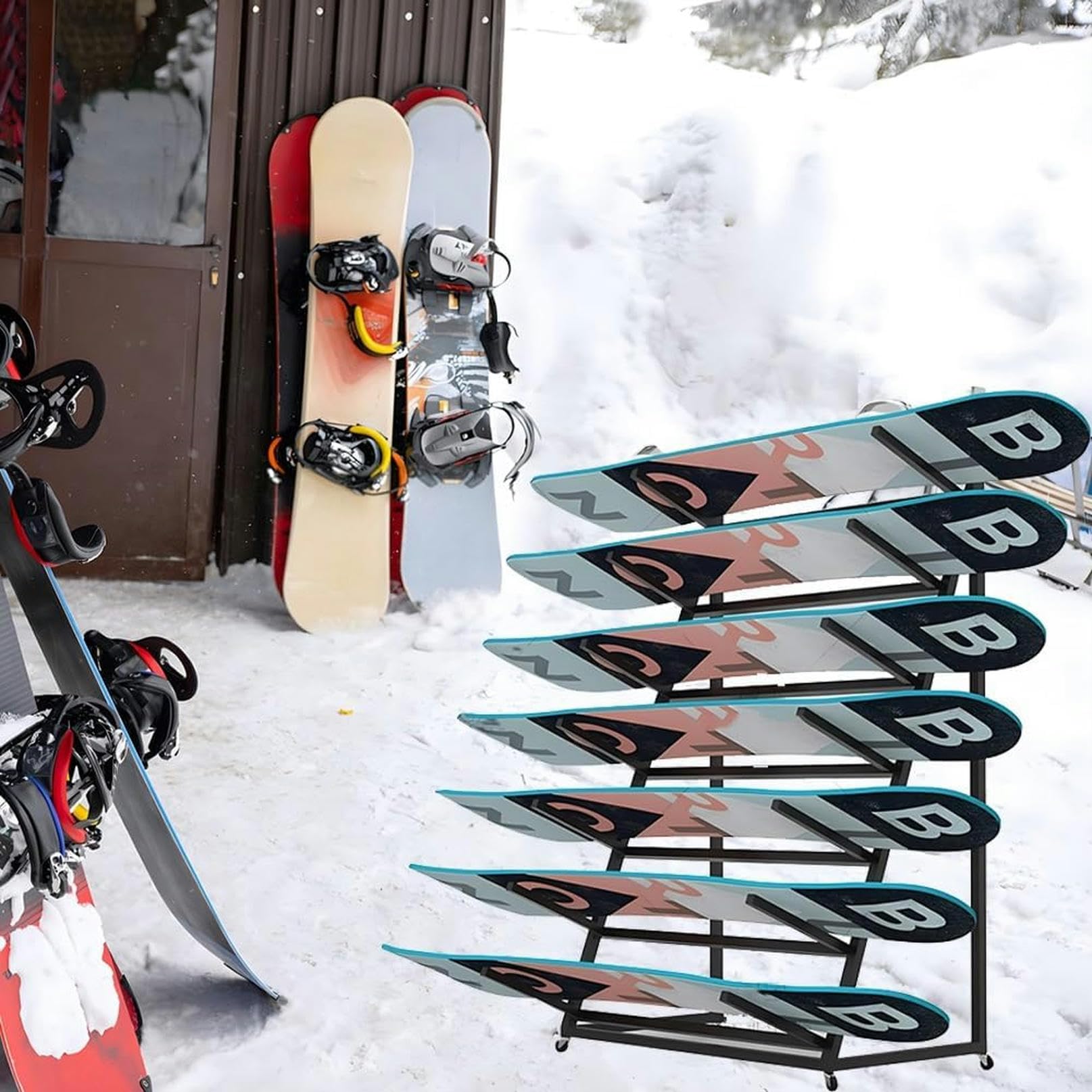 Freistehendes Snowboard- und Ski-Aufbewahrungsregal aus Metall für Garage oder Heim-Fitnessstudio – 4/5/6 Ebenen zur individuellen Organisation, robustes Dreiecksdesign für maximale Platzeff