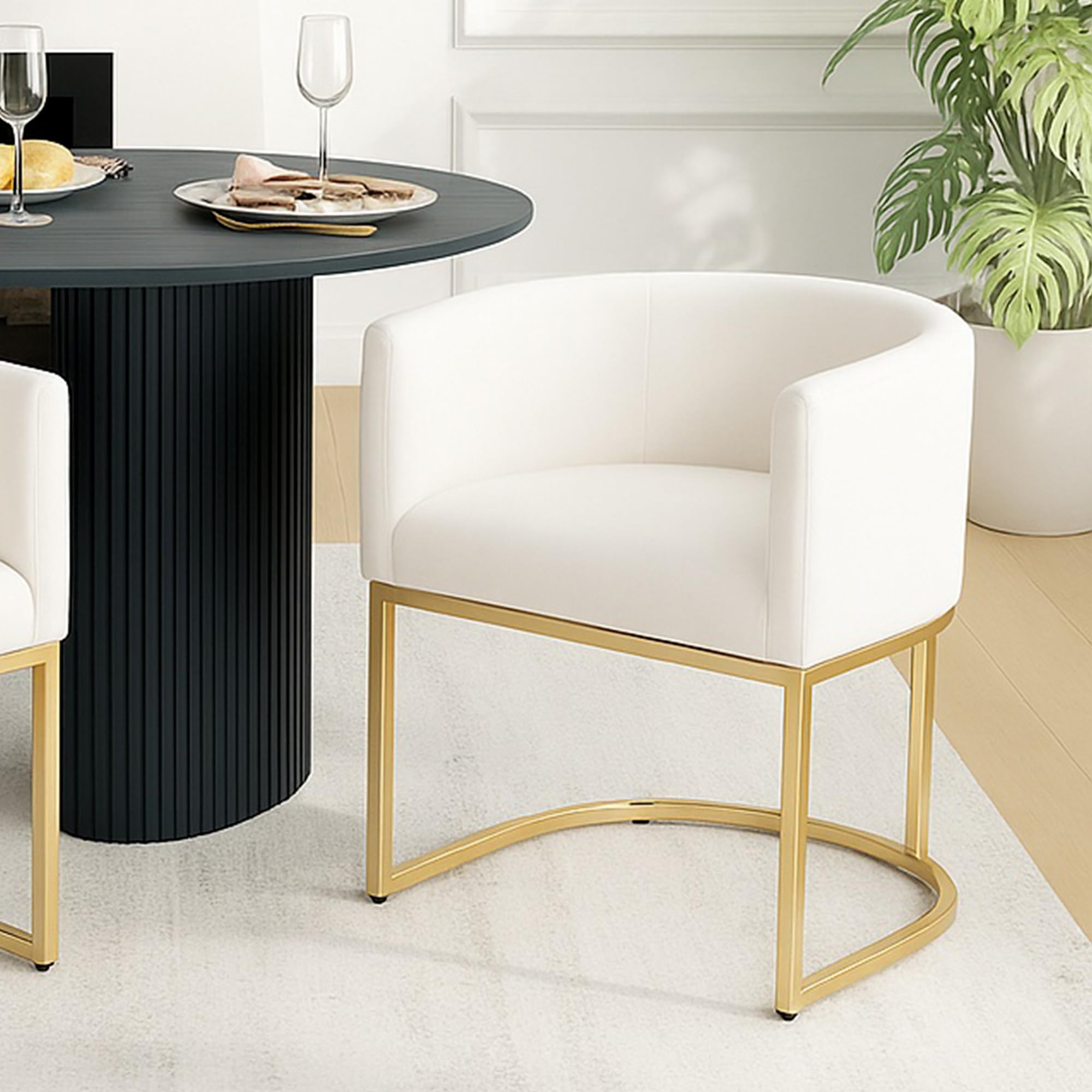 HNY Mid Century Modern Upholstered Barrel Dining Chair with Arms, Velvet Kitchen &amp; Dining Room Chair, 18.5" Wide Accent Chairs for Living Room with Gold Metal Frame, Cream