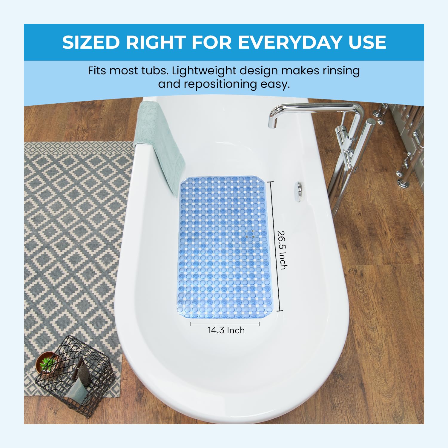 Splash Home Non Slip Bathtub Mat with 86 Suction Cups - Anti Mold Shower Mat for Inside Tub, Bath Mat for Tub Non Slip Mildew Resistant, Machine Washable PVC Tub Mat - Blue - 26.5" L x 14.25" W